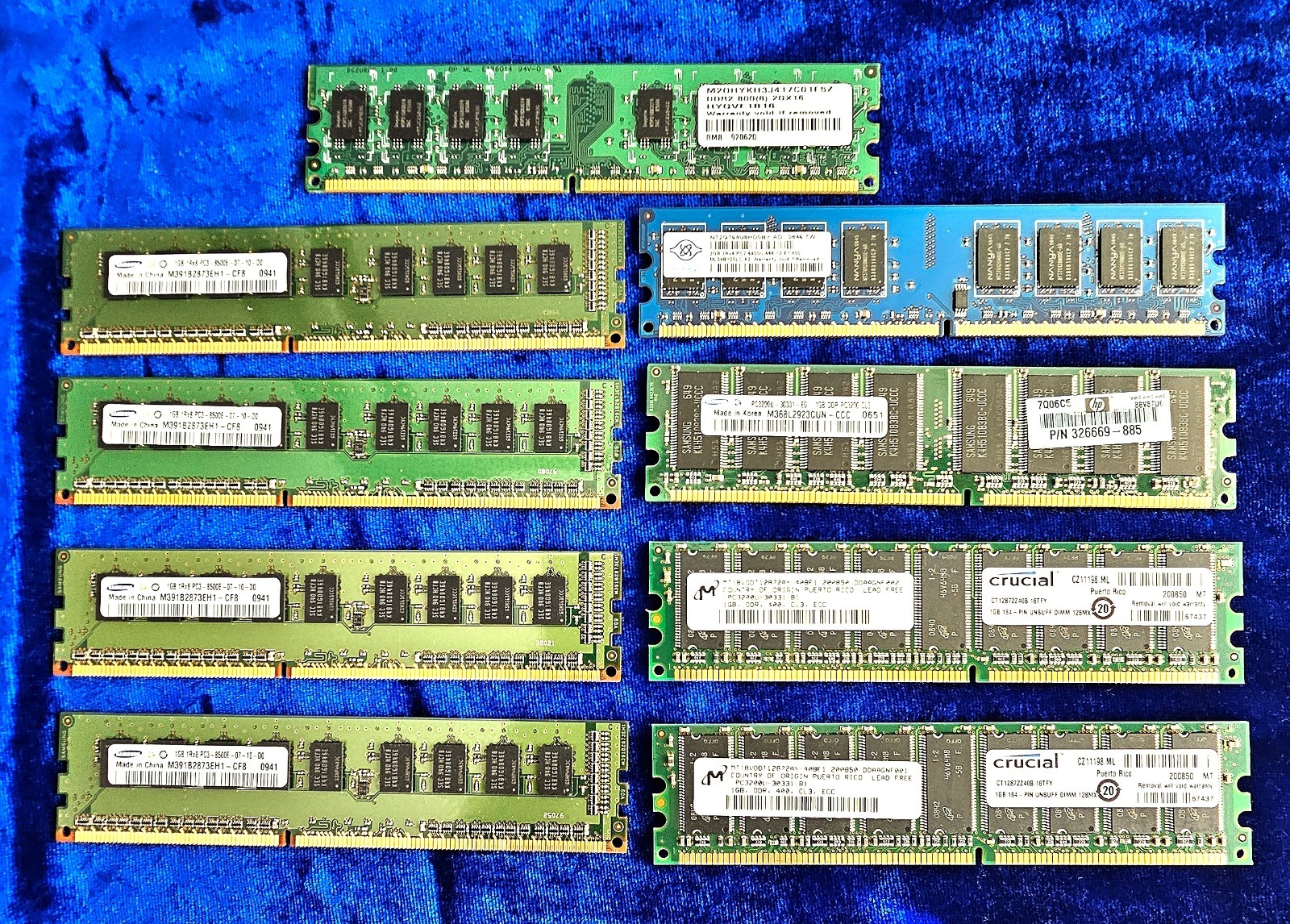 Mixed Lot of 9 Computer Memory RAM 1GB and 2GB DDR PC3 PC2 Various Brands