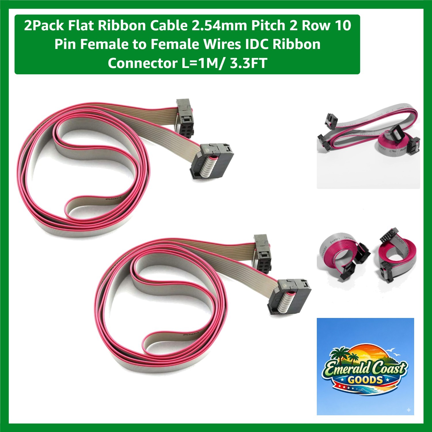 Flat Ribbon Cable 2.54mm Pitch - 2 Row 10 Pin Female 1M IDC Connector (2 Pack)