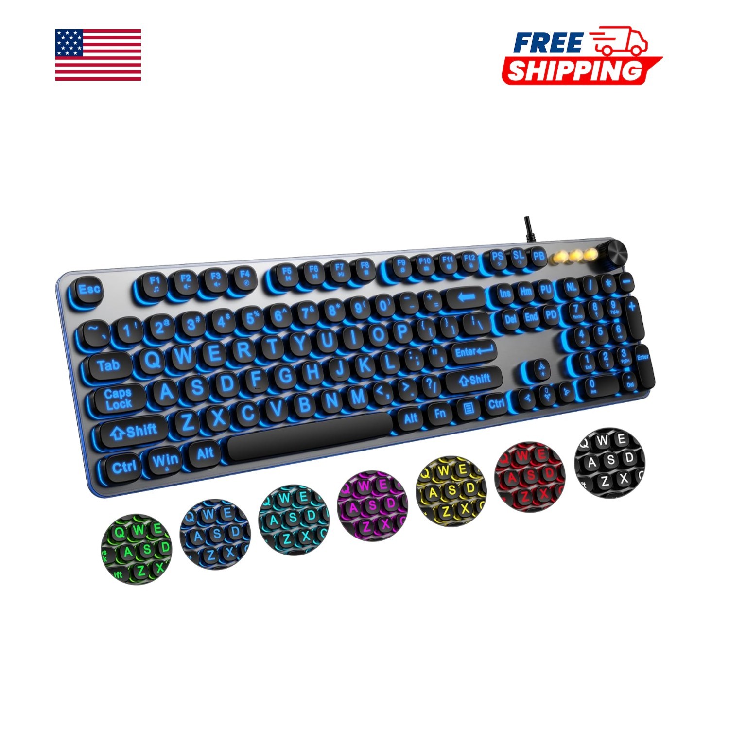 Large Print Backlit Keyboard Wired USB Lighted Computer Keyboards with 7 Color B
