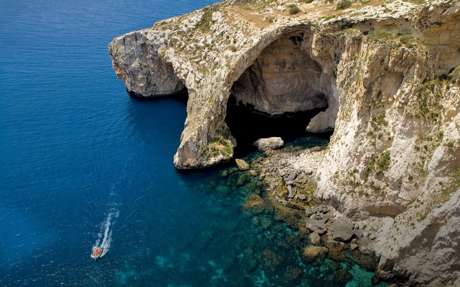 Landscape sea cliff cave island malta water boat blue Custom Gaming Mat Desk
