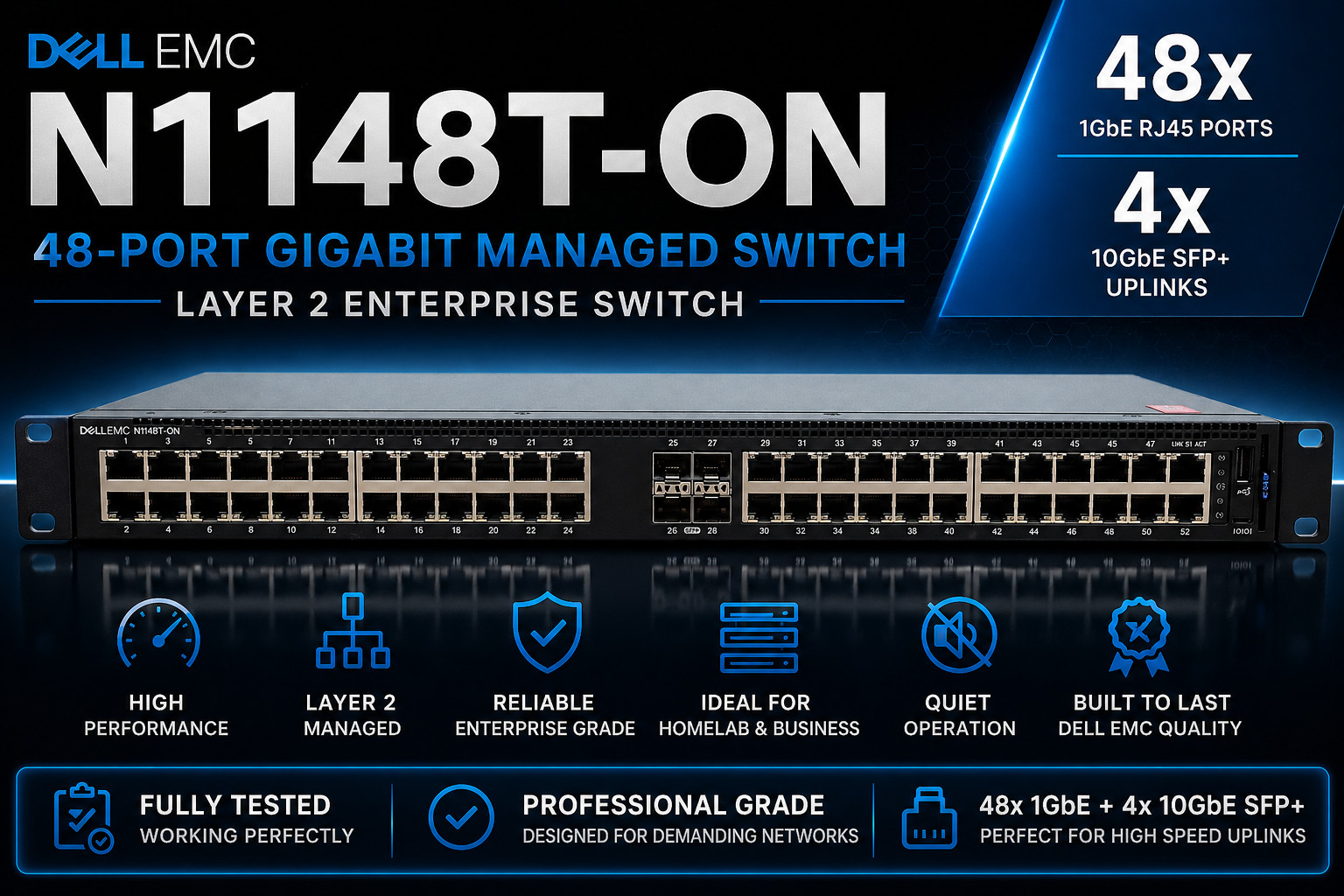 Dell EMC N1148T-ON 48x 1GbE RJ45 + 4x 10GbE SFP+ L2 Managed Network Switch OS