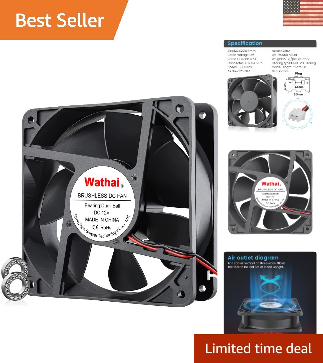 12V 120mm Dual Ball Bearing Cooling Fan - 125 CFM High Airflow, Quiet Operation