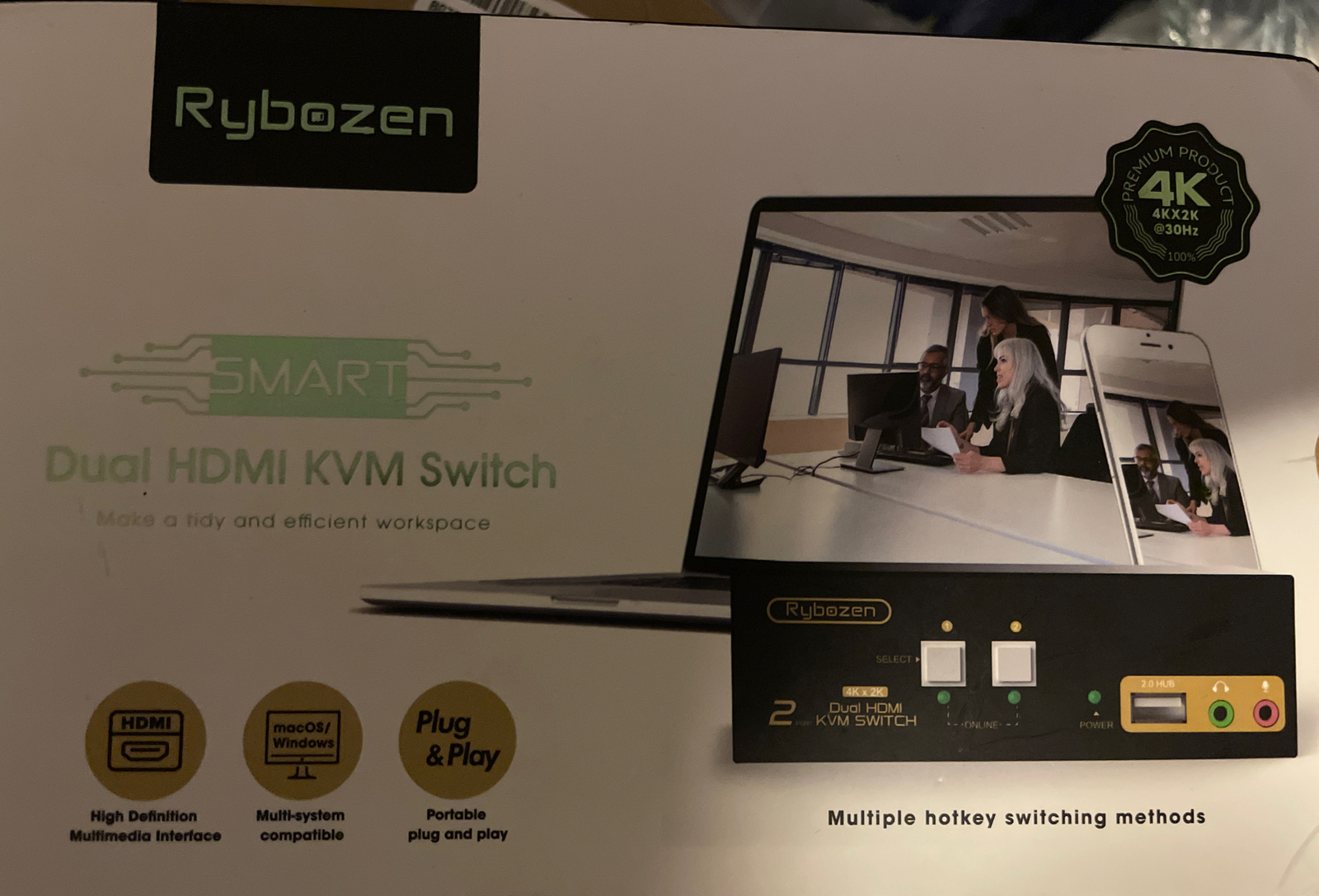 Rybozen HDMI KVM Switch 2 Port Dual Monitor Extended Display 4K USB KVM Switch