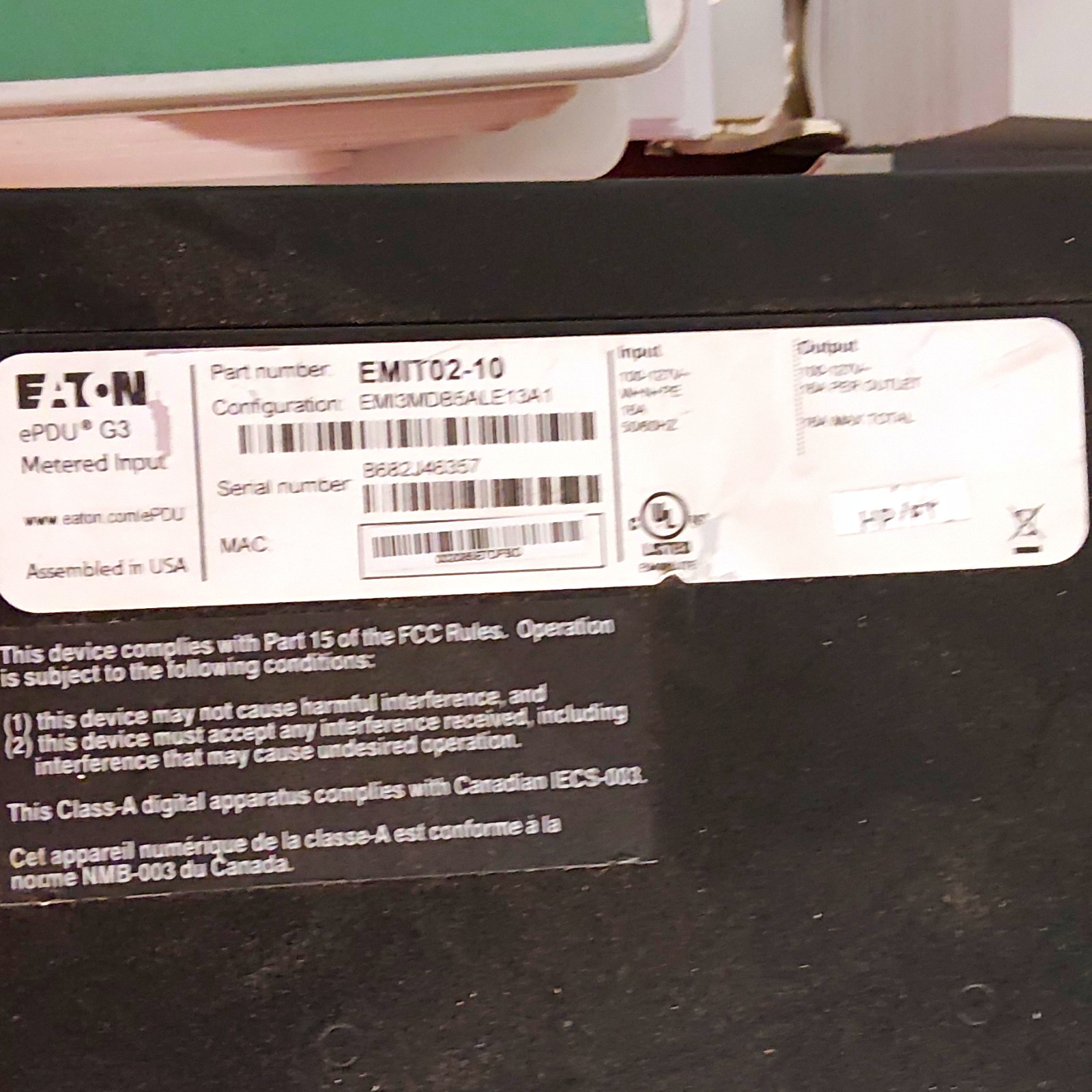 Eaton ePDU G3 Metered Input EMIT02-10 12-Outlet 1U Rack PDU 30A