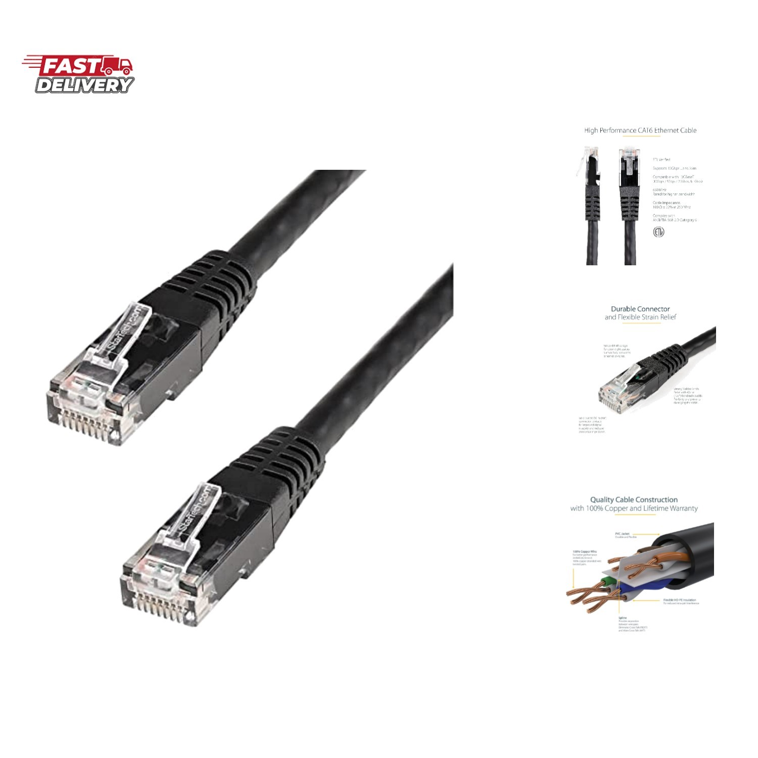 StarTech 25ft Ethernet Cable - Black CAT 6 Gigabit Ethernet Wire -250Mhz 100W...