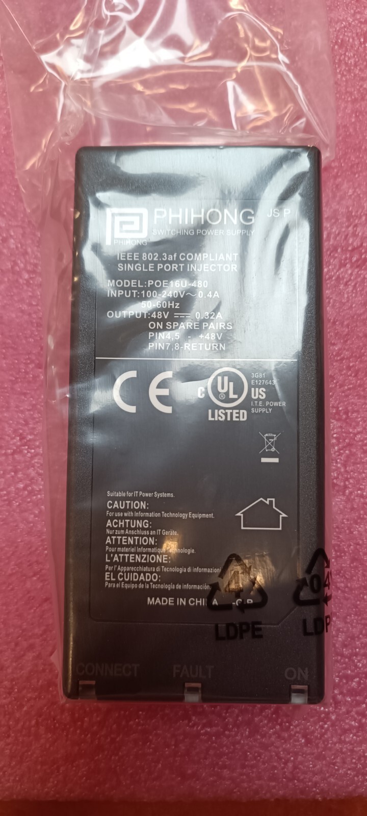 Phihong POE16U-480 PoE  48VDC 0.35A IEEE802.3af Approved 