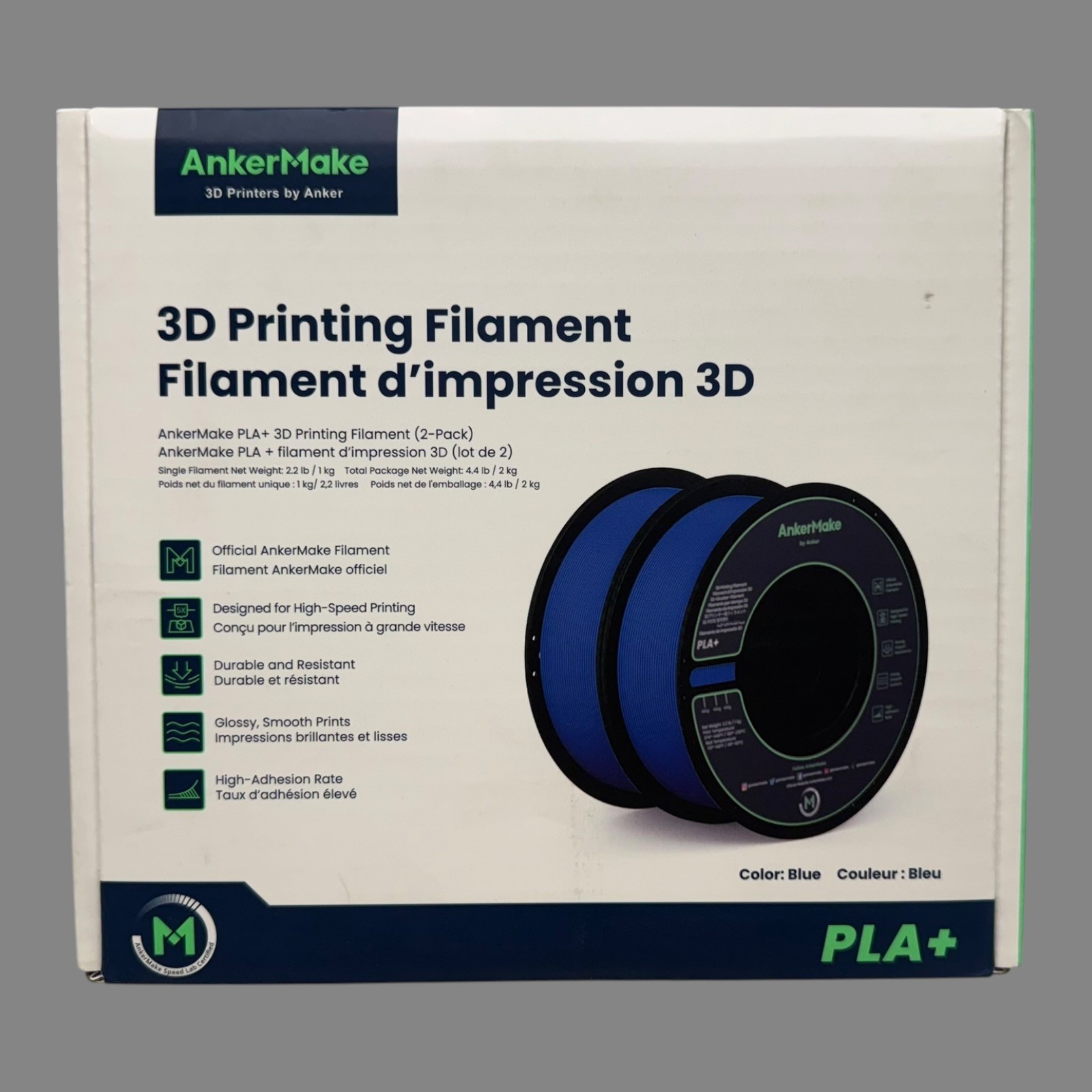 AnkerMake PLA+ 3D Printing Filament [2-Pack, 4.4 lbs] ANKER V6110 Blue BRAND NEW