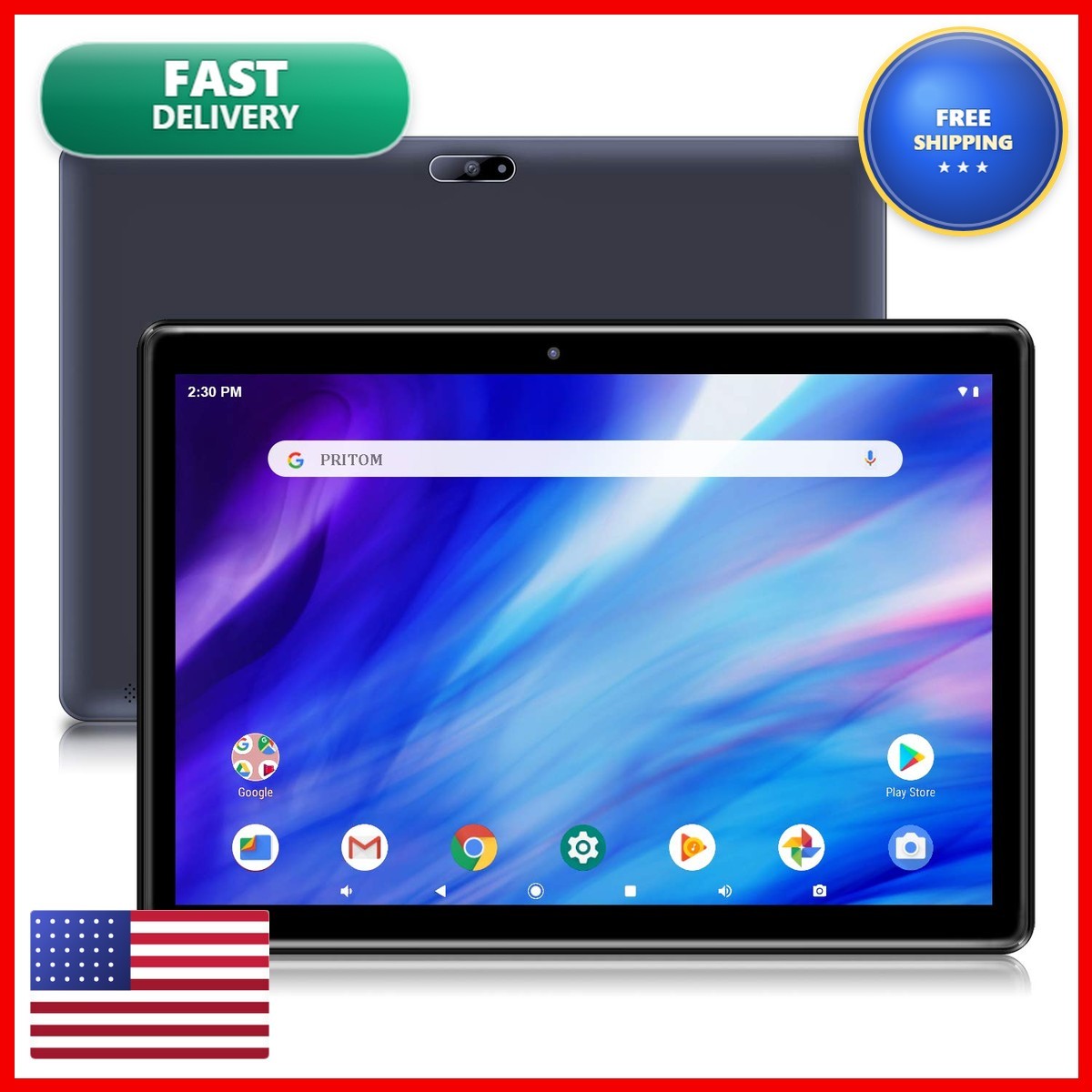 PRITOM M10 Tablet 10 inch 64GB Android HD IPS Screen 6000mAh Black