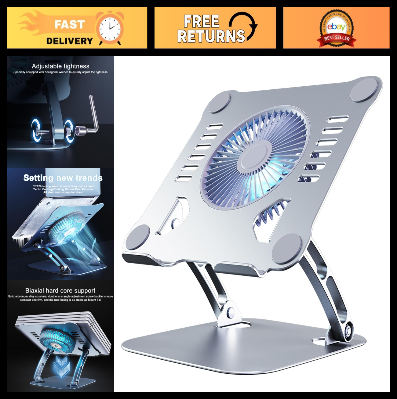 Slim Ergonomic Laptop Cooling Pad Stand with 3-Speed Fan, Adjustable Height for
