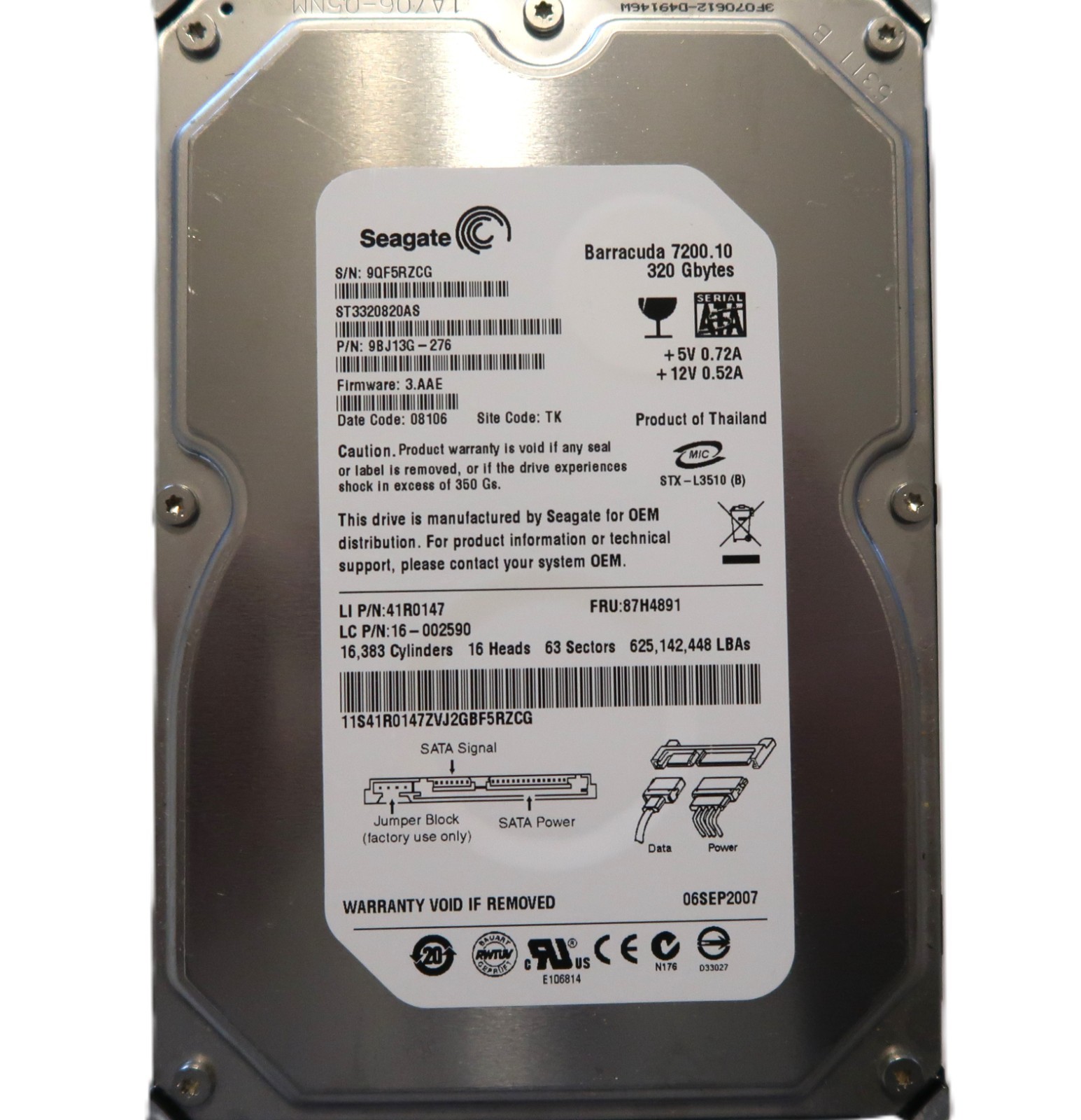 Seagate ST3320820AS 9BJ13G-276 3.AAE (9QF) TK Thailand 320gb 3.5" Sata SEP/2007