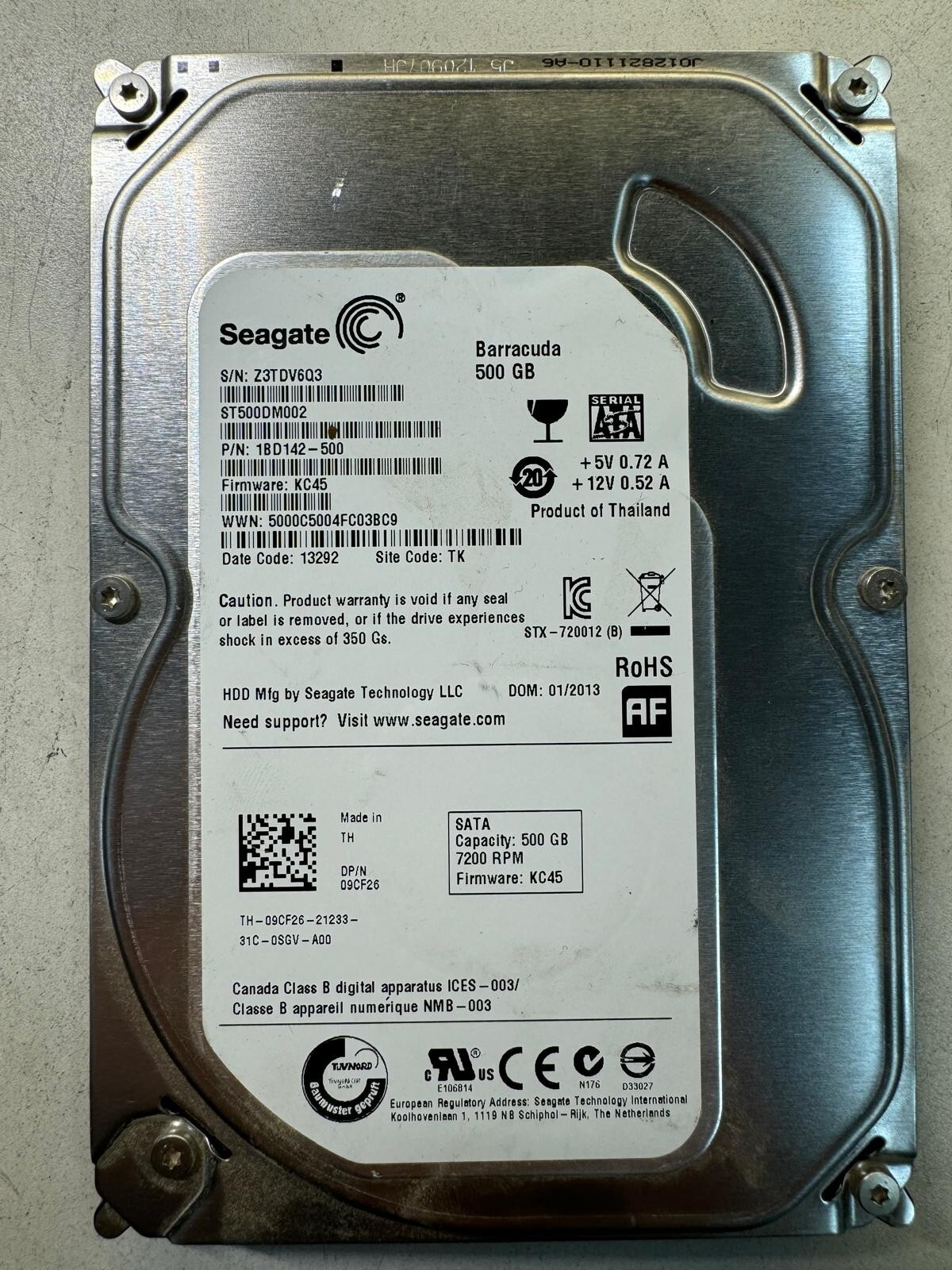 DELL 9CF26 ST500DM002 1BD142-500 500GB Firmware KC45 Date Code 13392 SATA 3.5"