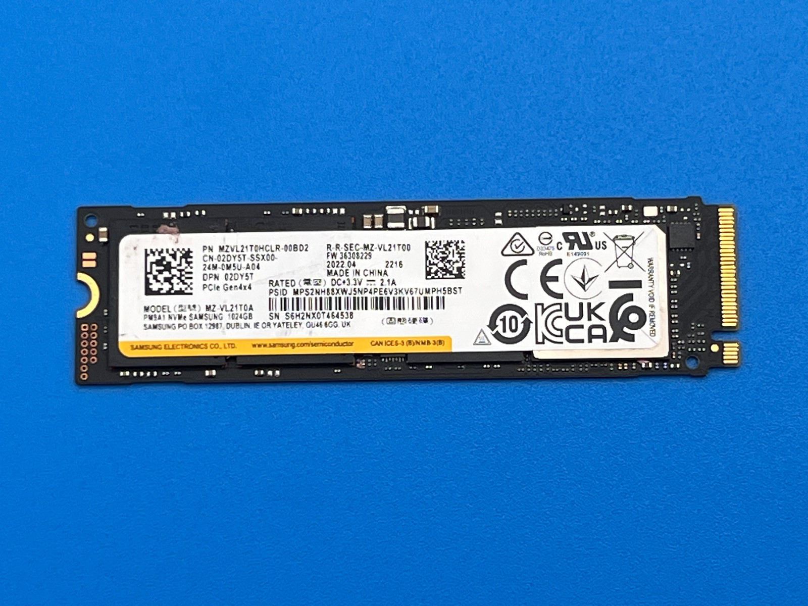 1TB PCIe Gen4 x4 NVMe M.2 2280 SSD Samsung PM9A1 MZ-VL21T0A 92% Health