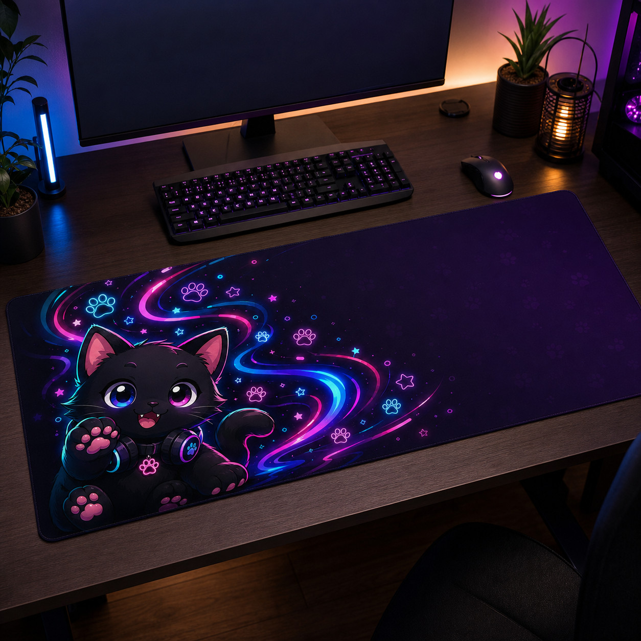 Cute Neon Black Cat Desk Mat Kawaii Gaming Mouse Pad 36x18