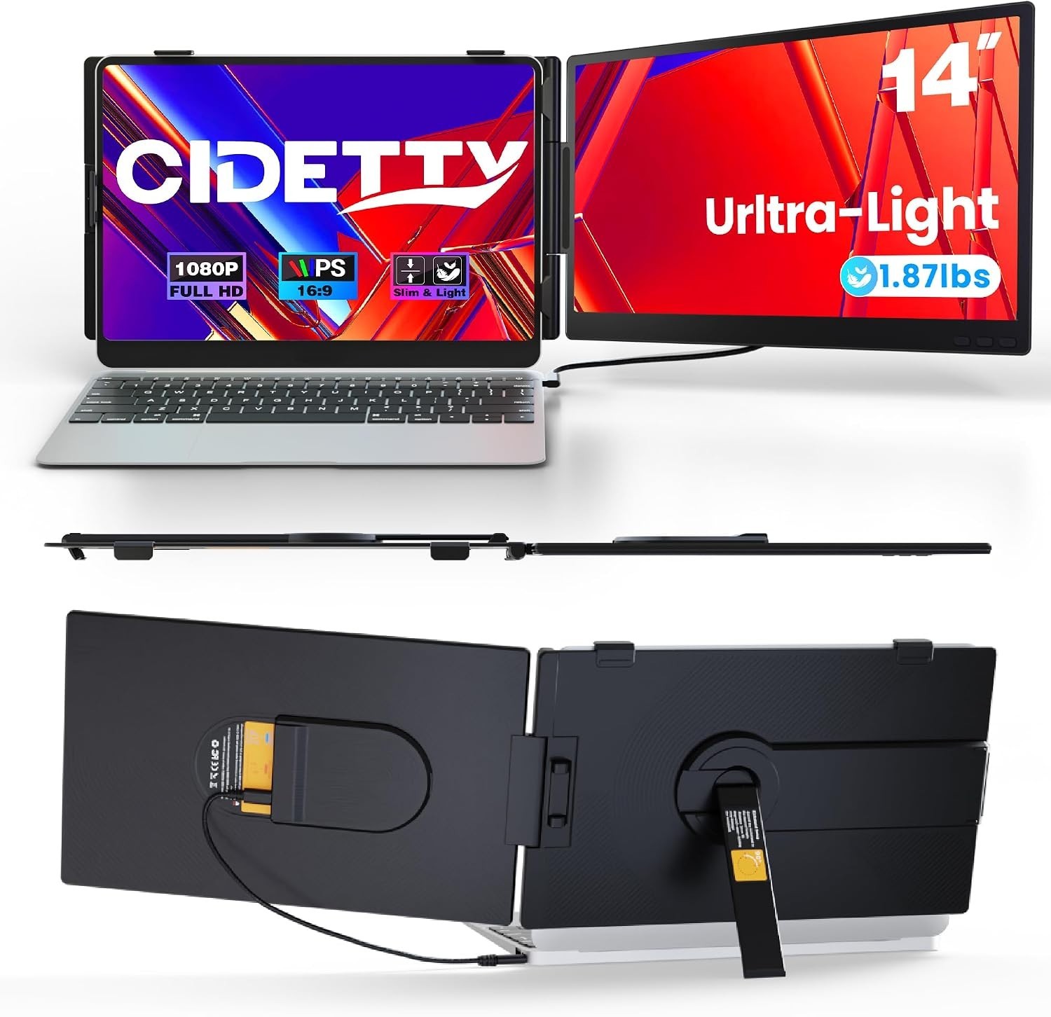 CIDETTY Laptop Screen Extender 0.27" Ultra-Thin, 14" Dual Portable Monitor FHD
