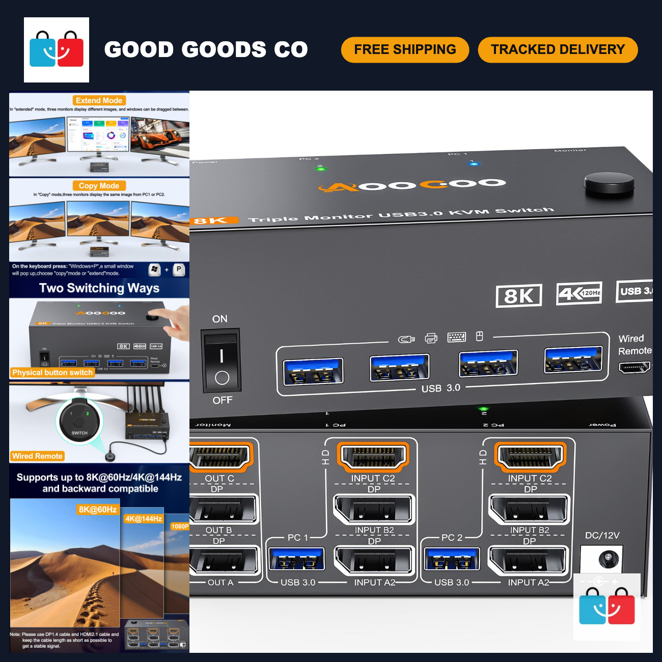 8K 60Hz KVM Switch for 3 Monitors, 2 PCs, USB 3.0, Wired Remote & Power Adapter