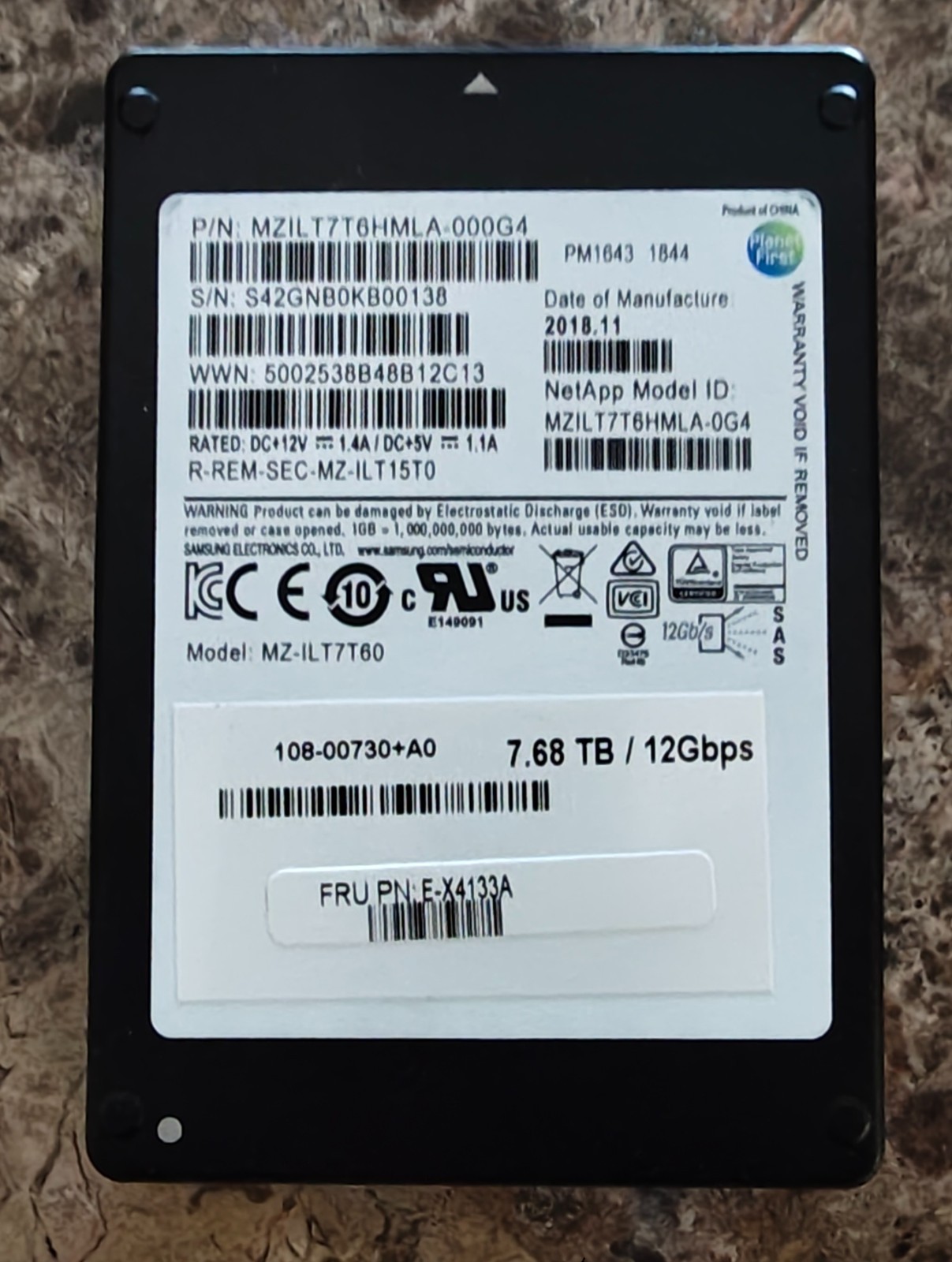 Samsung PM1643 MZ-ILT7T60 7.68TB SAS 2.5in SSD E-X4133A