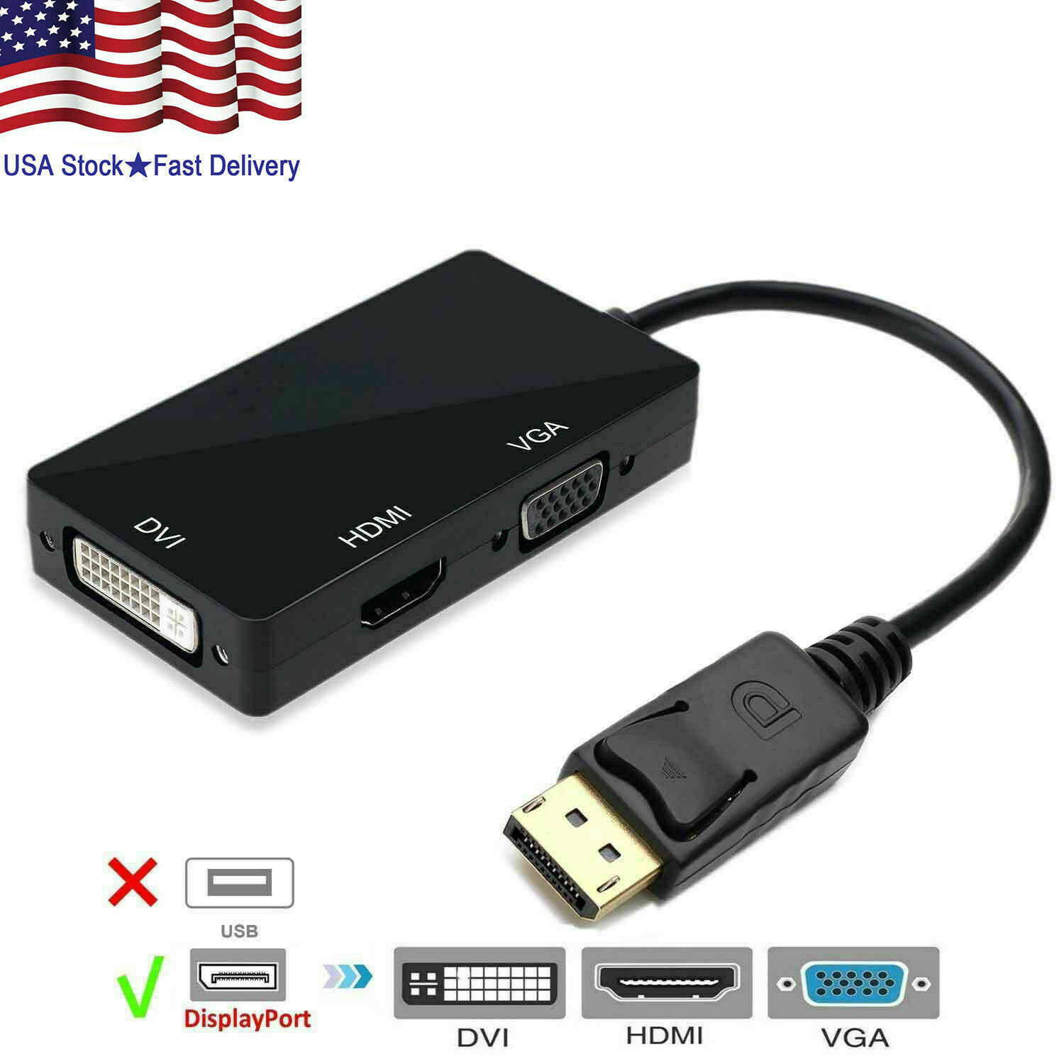 3 In 1 Display Port DP Male To HDMI/DVI/VGA Female Adapter Converter Cable 1080P