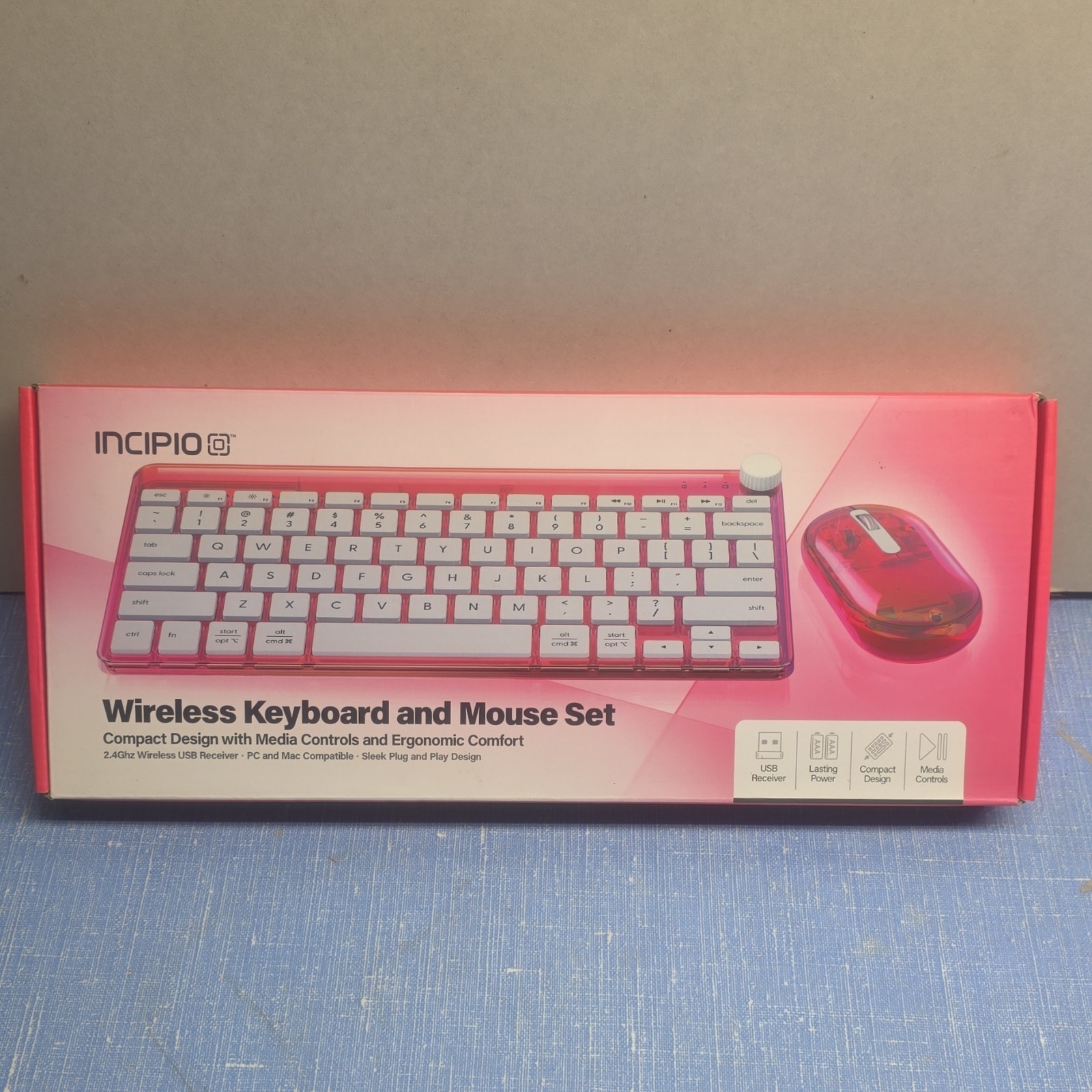 Incipio Wireless Keyboard and Mouse Set Compact Design Media Controls USB Pink
