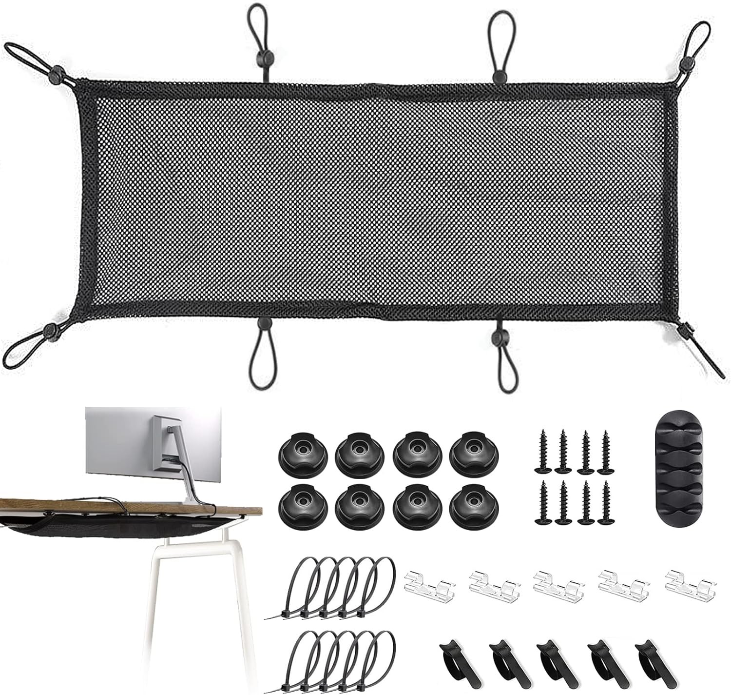 Under Desk Cable Management Net 36PCS Under Table Cord Management Mesh Organizer