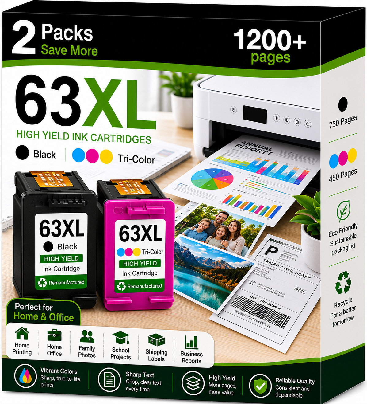 2PK Ink Cartridge Compatible For HP 63 XL ENVY 4512 4516 OfficeJet 4652 4655