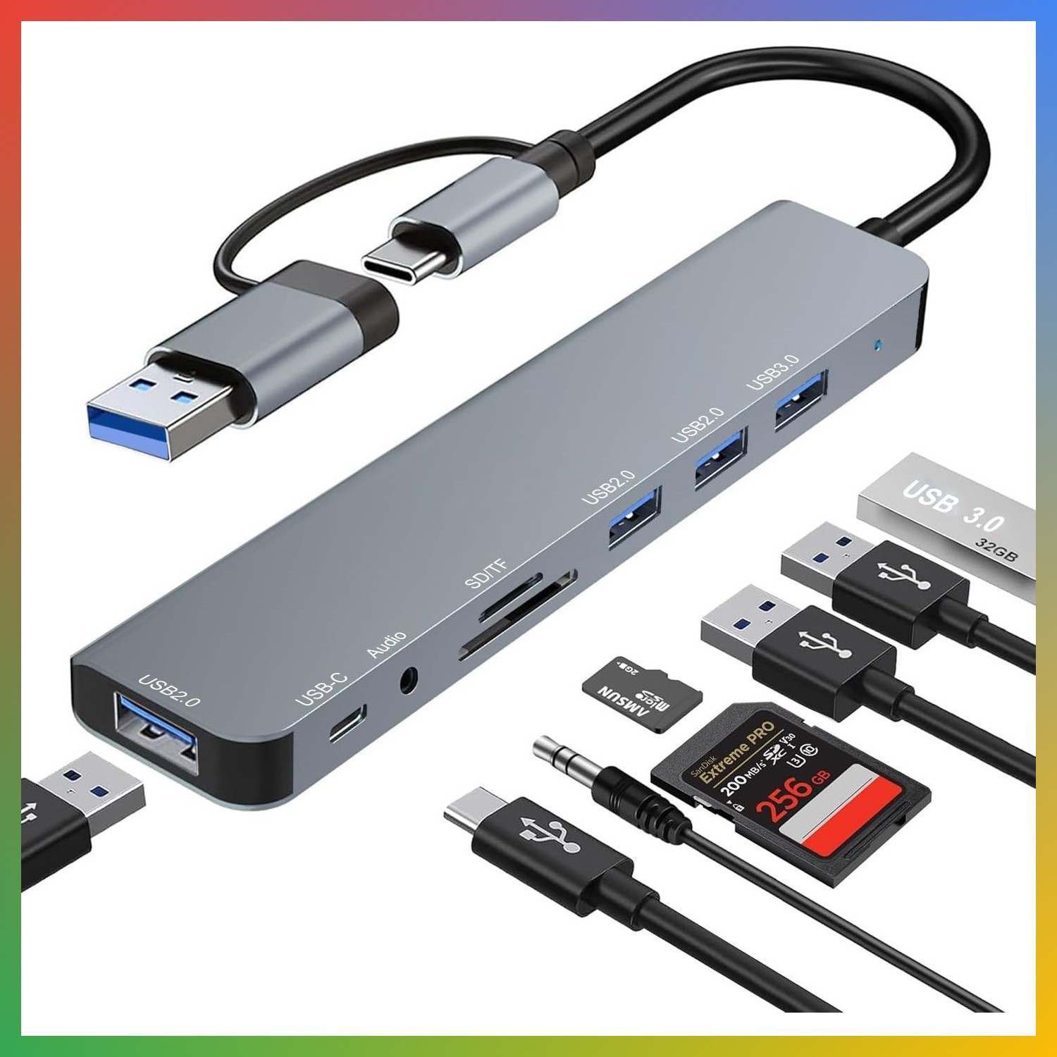 USB C Hub 8 Port USB 3.0 TF SD Card Reader Audio Grey