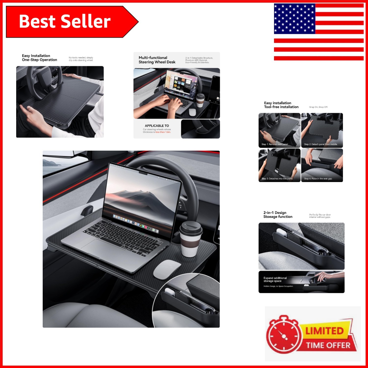 Space-Saving 2-in-1 Car Desk Tray & Organizer - Fits Standard Steering Wheels