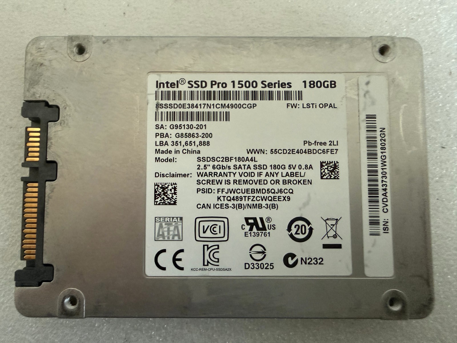 Intel SSD Pro 1500 Series 180GB 2.5" SATA 6Gb/s SSDSC2BF180A4L 