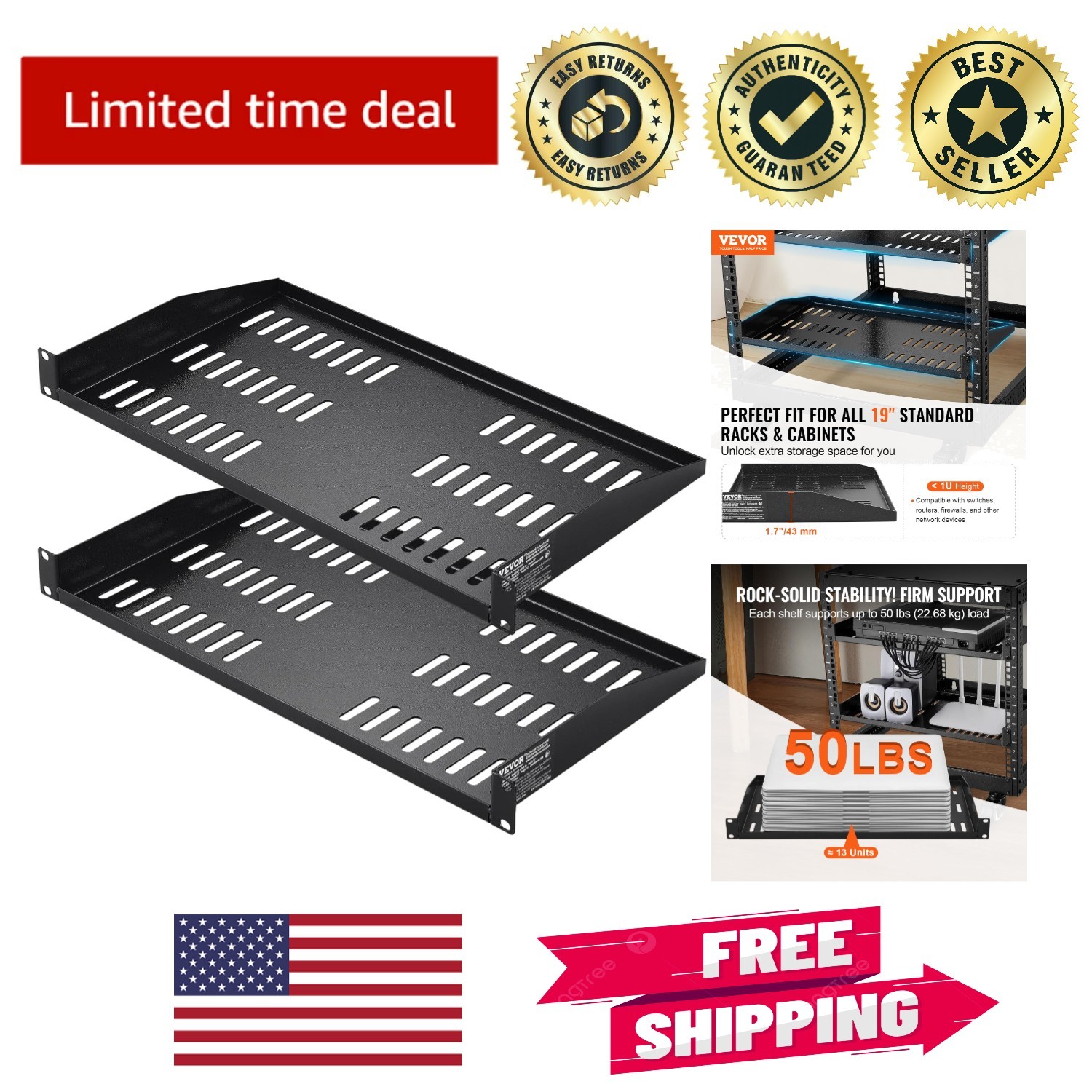 Efficient Organization: 2PCS 1U Vented Rack Shelf for Server Equipment - 50 lbs