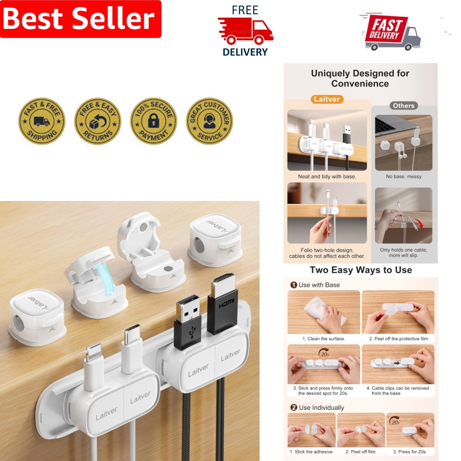 Versatile Magnetic Cable Clips - 8-Piece Set for Tidy & Efficient Organization