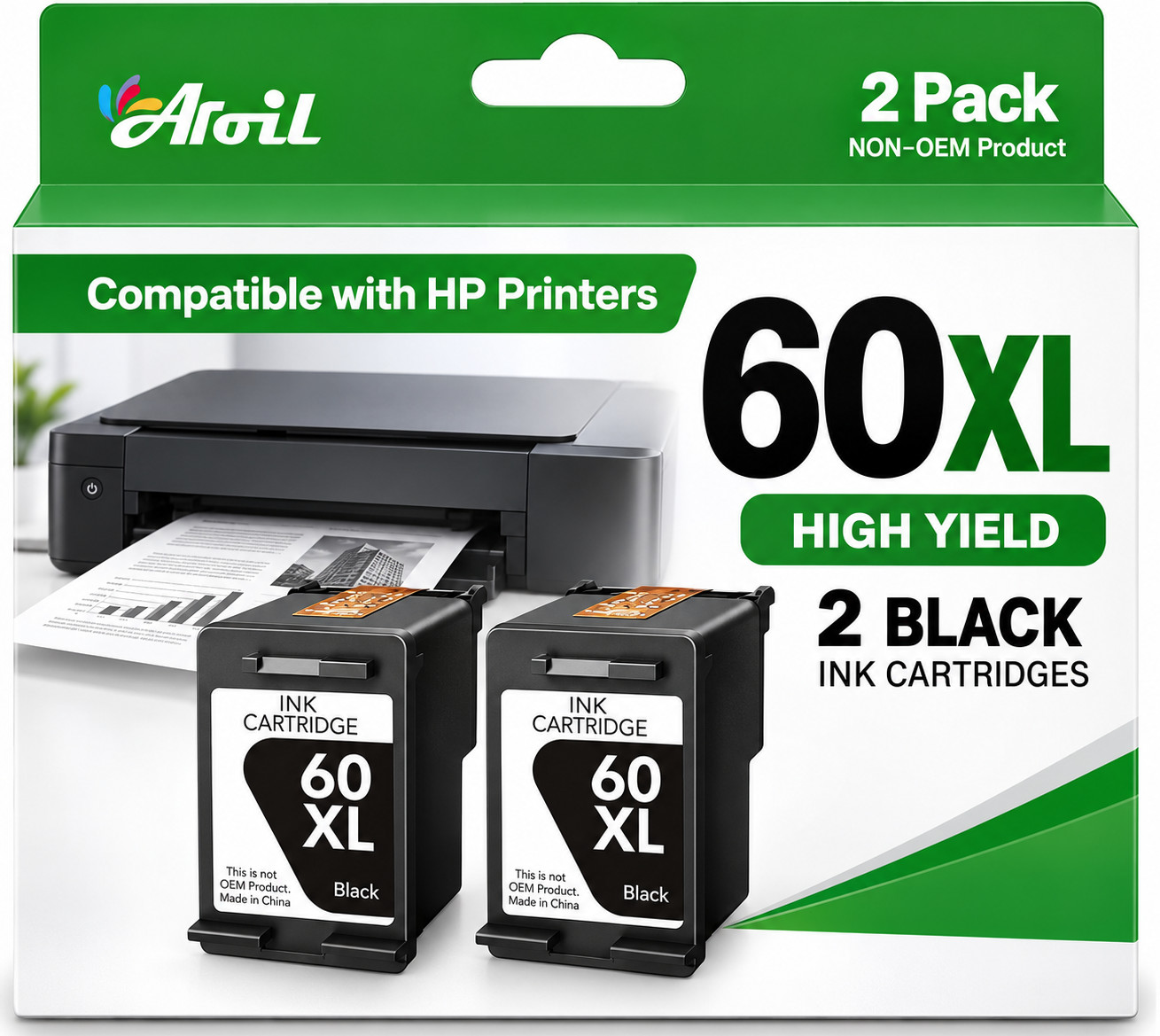 60XL 2 Black XL Ink Cartridges for HP DeskJet F4480 F4440 D2660 F4275 F4280