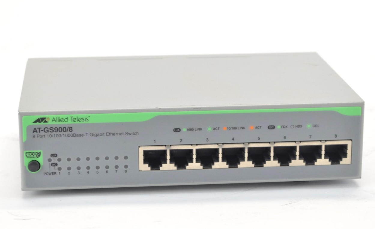 Allied Telesis AT-GS900/8 8-Port Ethernet Switch 10/100/100 Base T Gigabit