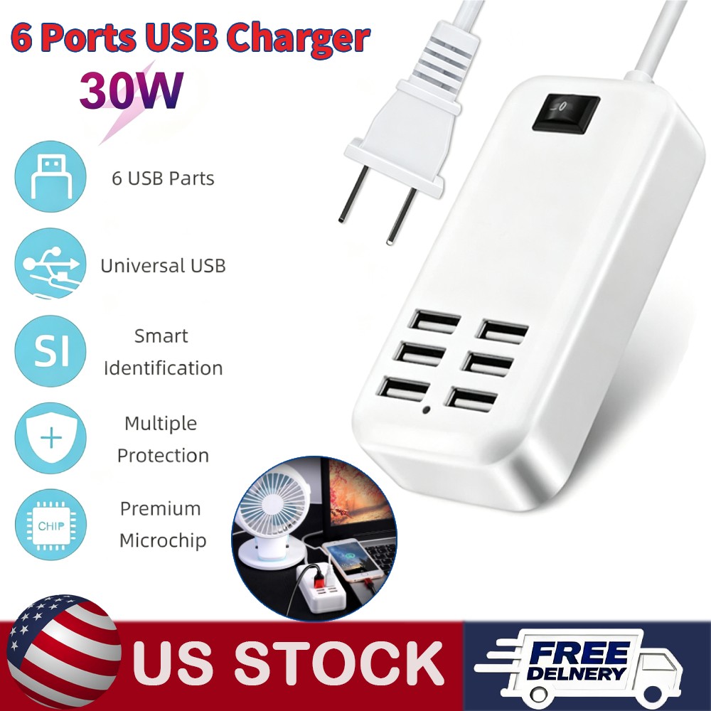 Multi 6 Port USB Hub Wall Charger Station Fast Charging Desktop AC Power Adapter