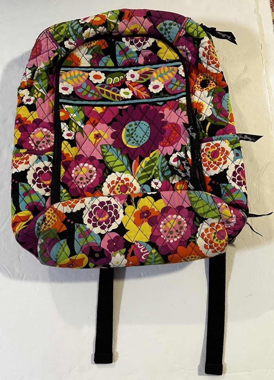 Vera Bradley Quilted Black Colorful Floral Large Backpack Laptop Holder EUC