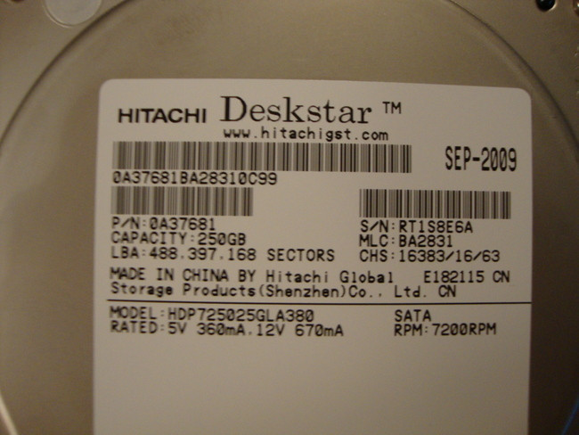 Hitachi HDP725025GLA380 MLC:BA2831 PN:0A37681 250gb Sata Desktop Drive