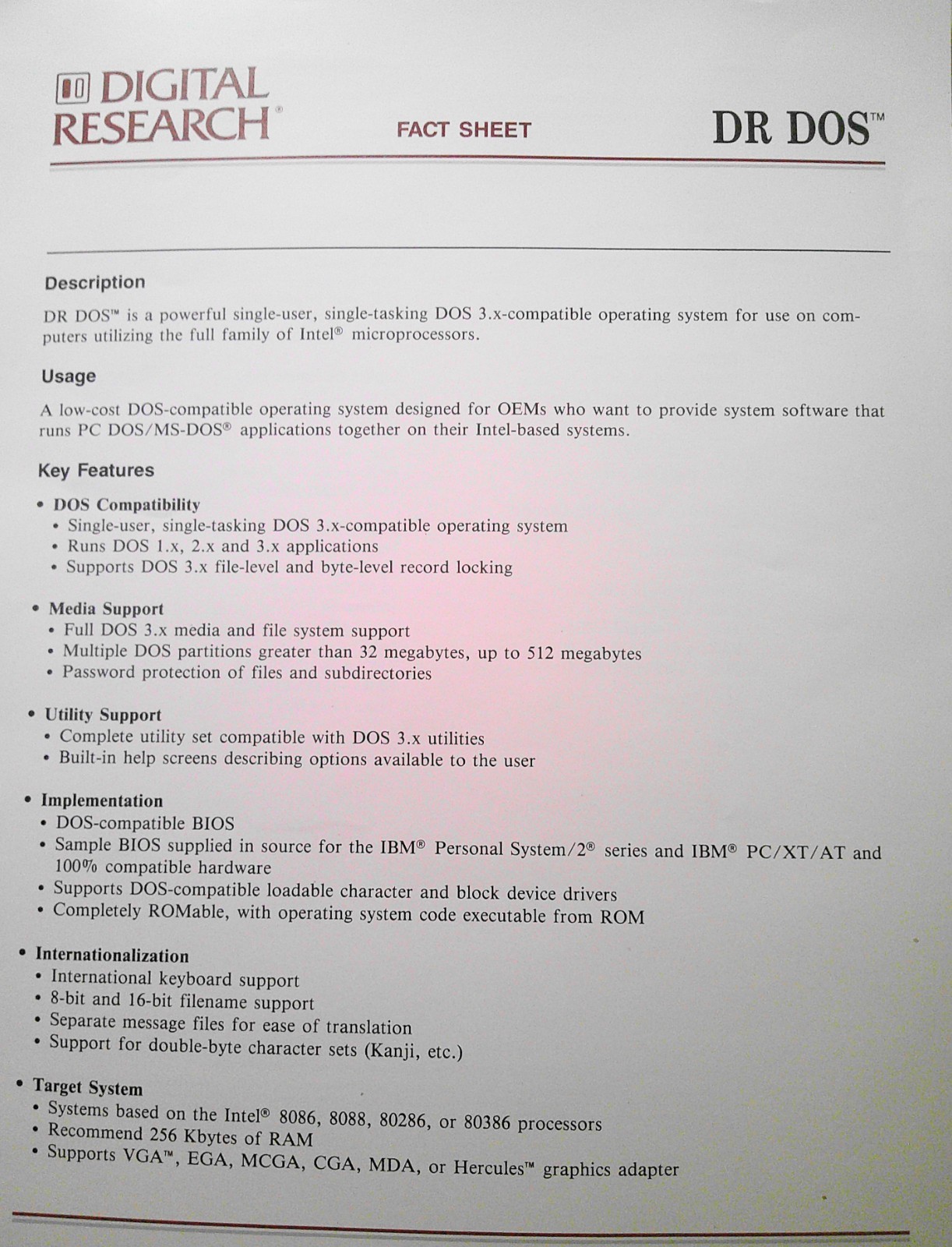 1988 DR DOS Fact Sheet by Digital Research, for OEMs using Intel microprocessors