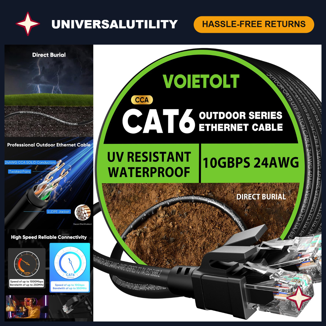 100ft Cat 6 Outdoor Ethernet Cable - 10Gbps Waterproof Direct Burial, UV Jacket,