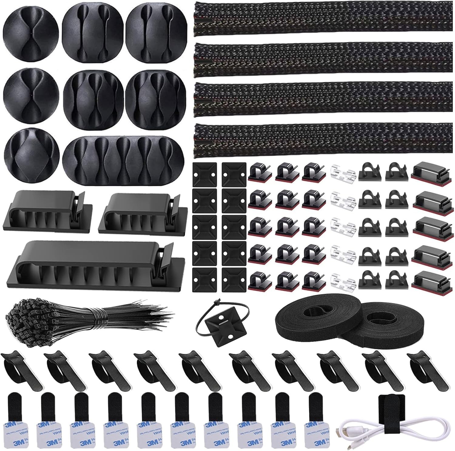 "Ultimate 192 PCS Cable Organizer Kit - 4 Sleeves, 100 Ties & Self-Adhesive Clip