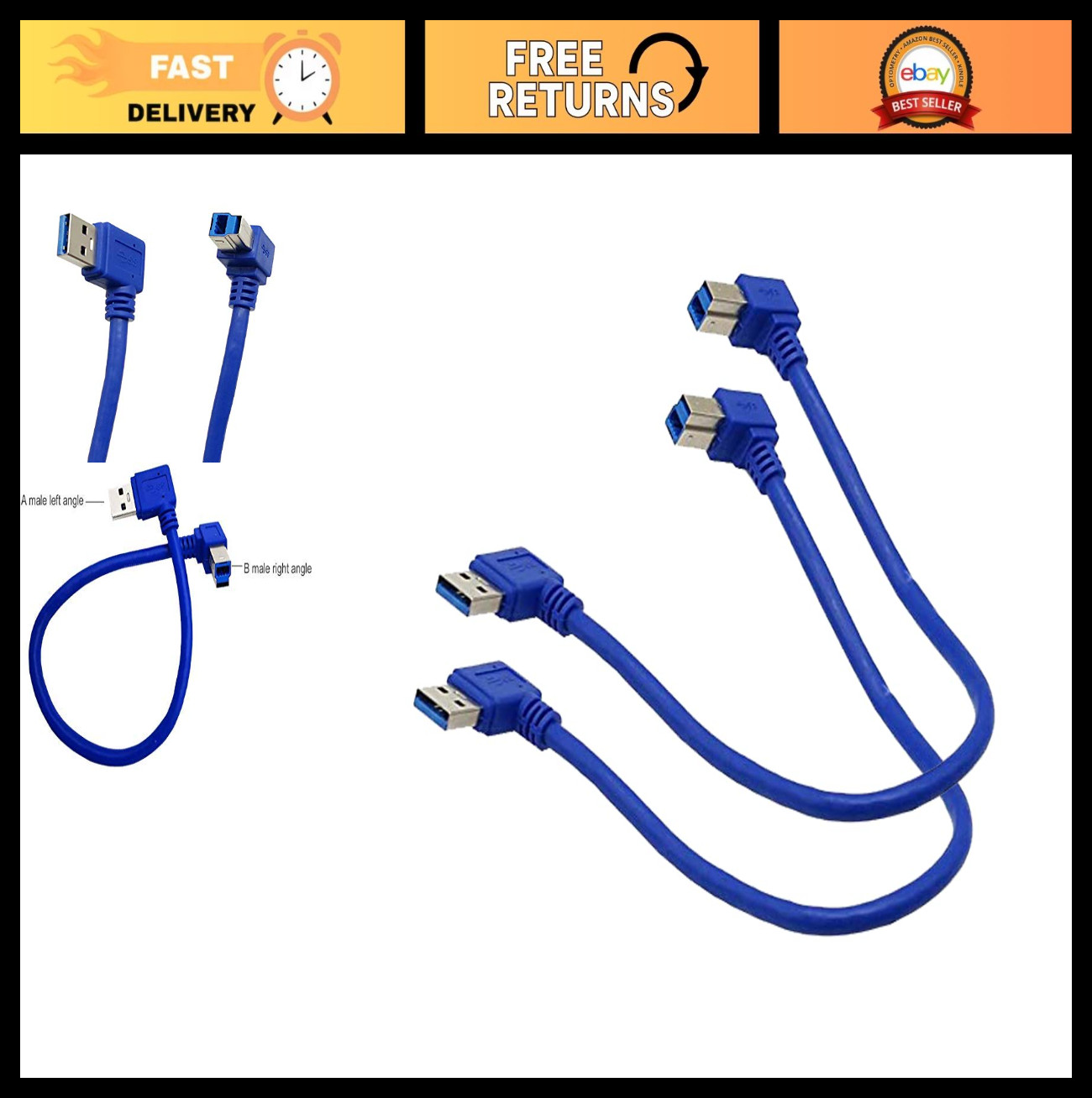 "2-Pack 1ft USB 3.0 Printer Cable - 90° Left & Right Angle A to B Connector, Sup