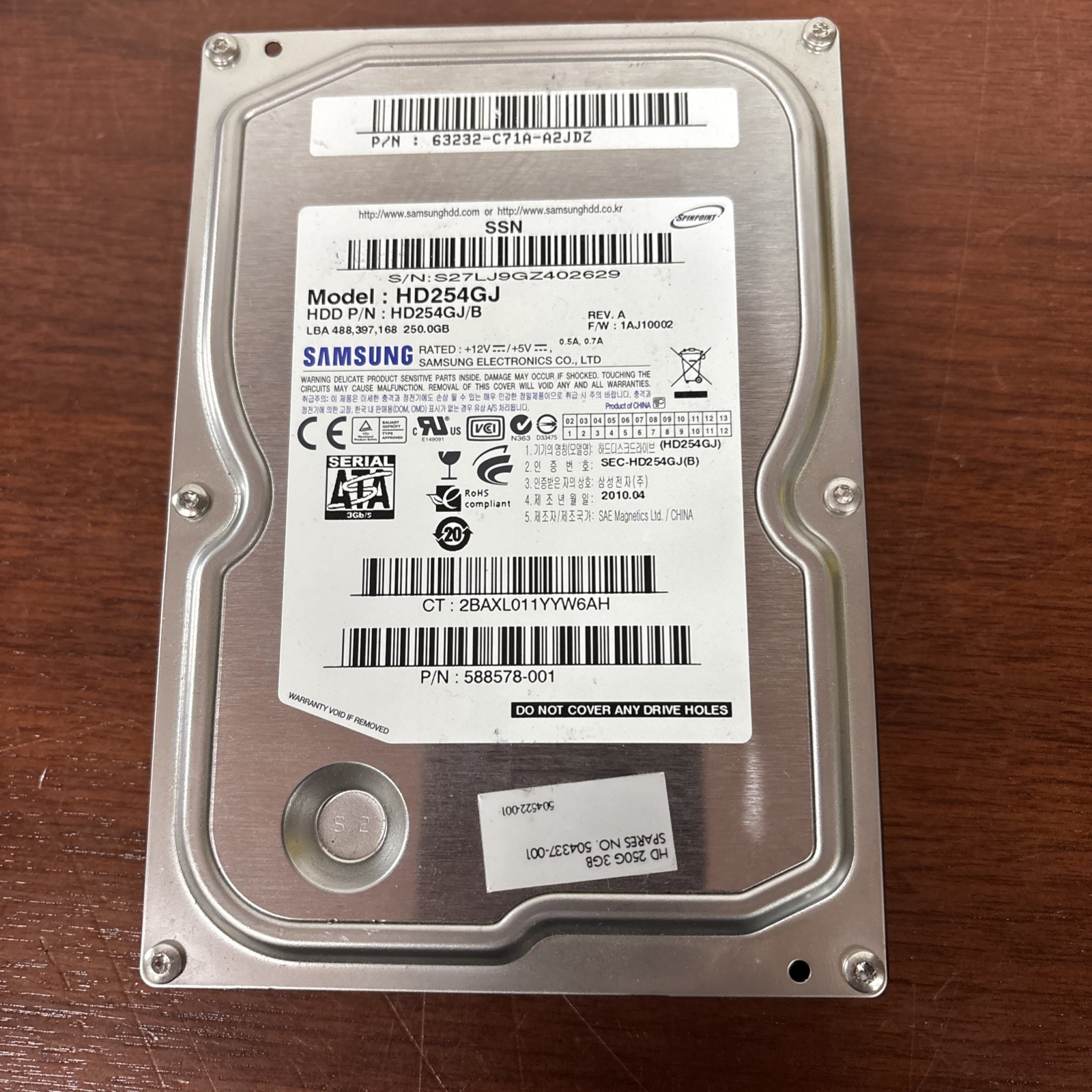 Samsung HD254GJ 250GB 3.5" SATA HDD 3Gb/s 7200 RPM 8MB Cache