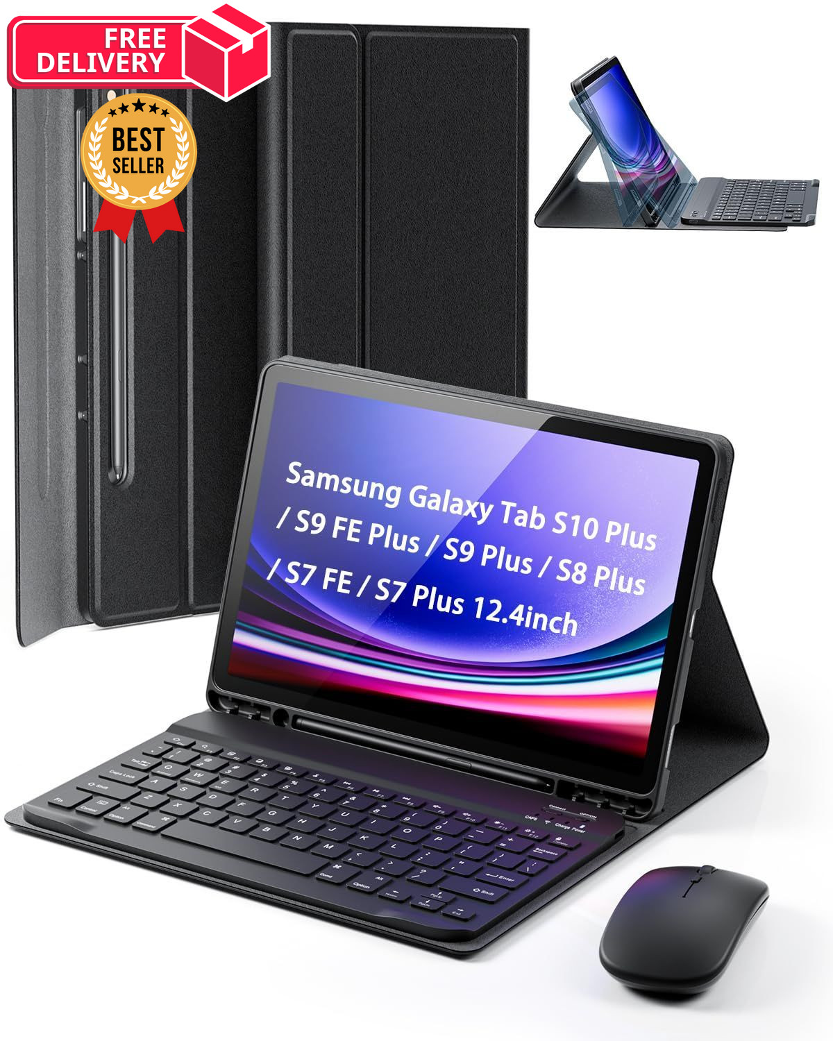 TUNKARMOR Case Keyboard for Samsung 12.4" Inch-S10+/S9FE+/S9+/S8+/S7+, Black