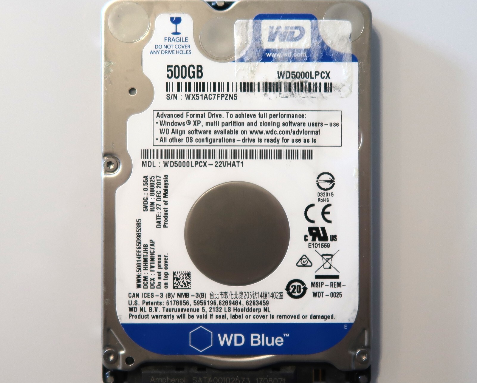 WD WD5000LPCX-22VHAT1 HHMTJHB (WX51) Malaysia 500gb 2.5" Sata HDD 27DEC2017