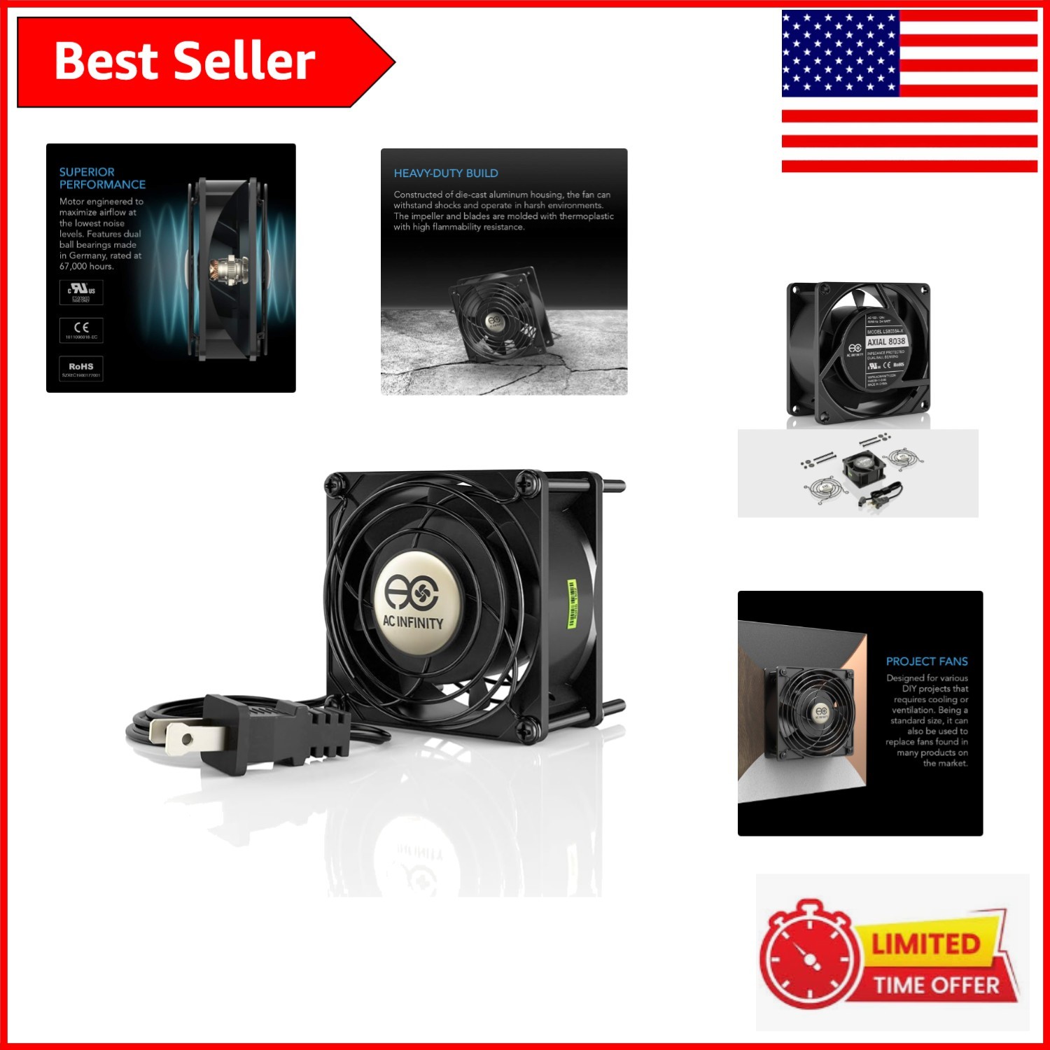 Noise-Free AXIAL 8038 Muffin Fan - 115V AC, 2000 RPM with Mounting Kit Included
