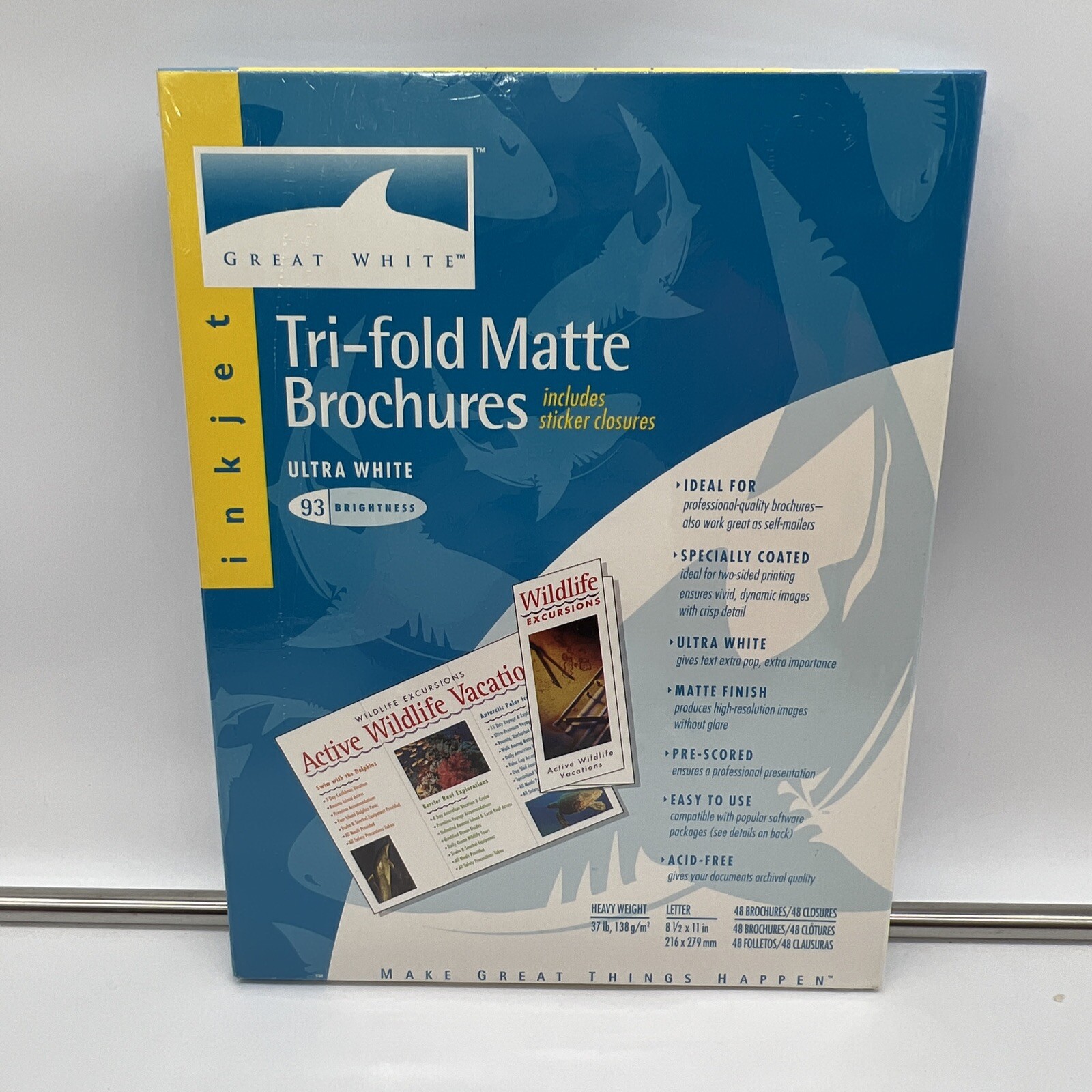 GREAT WHITE TRI-FOLD Matte BROCHURES, SET OF 48 with closures, (SEALED)