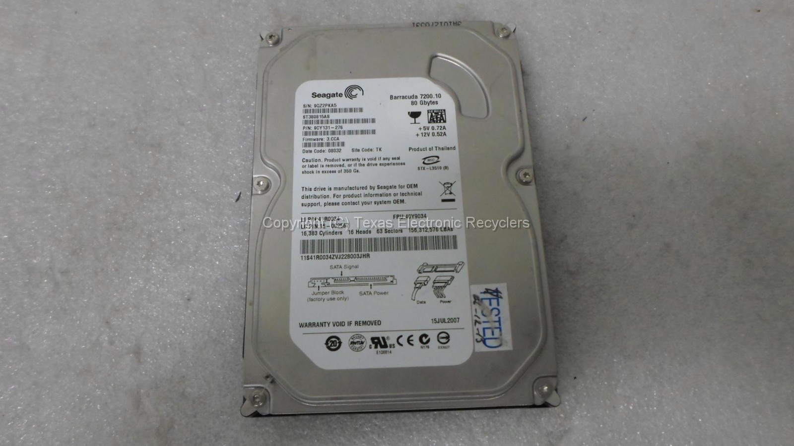 Seagate IBM ST380815AS 9CY131-276 41r0034 40y9034 16-002567 80GB 7200 RPM SATA