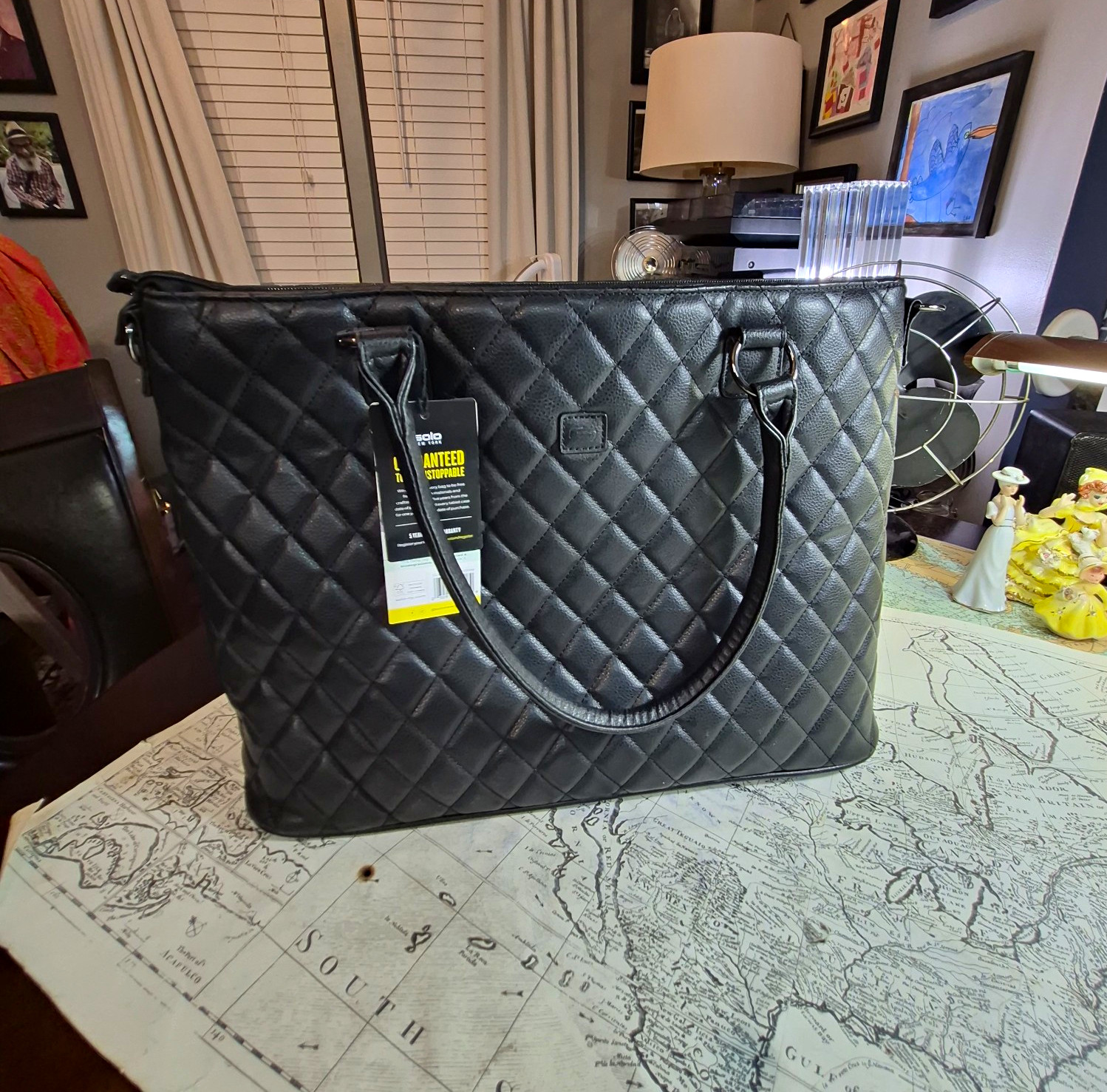 Solo New York Waldorf Tote Laptop Bag Quilted Black Faux Leather Padded 15.6"