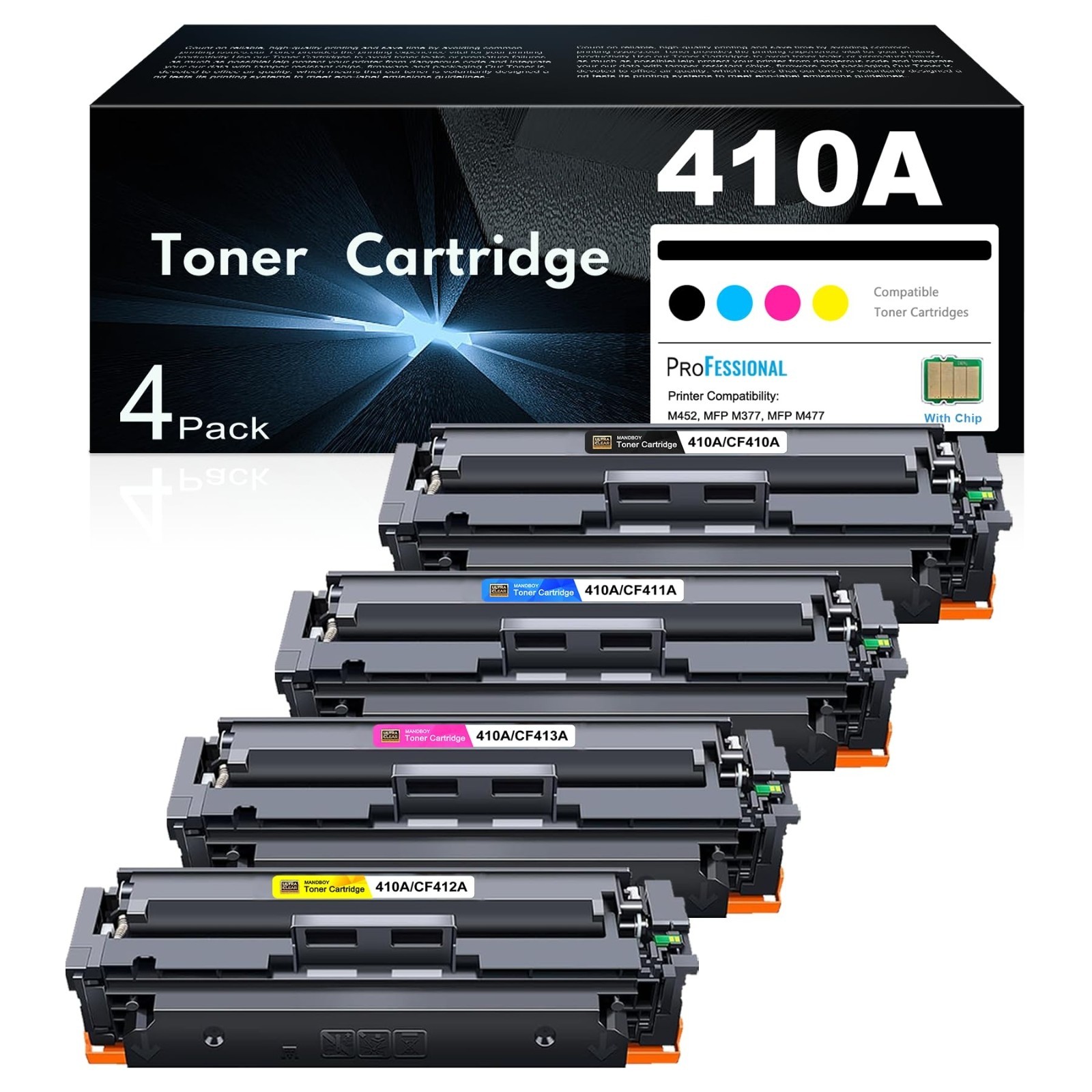 4 Pack 410A 410X Toner Cartridge High Yield for HP CF410A CF410X M477fdw M452dn