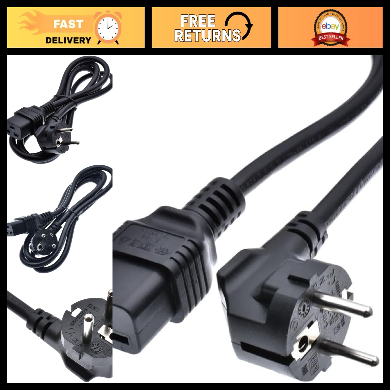 6ft Power Cord EU CEE 7/7 to IEC320 C19, 16AWG Schuko Plug to Female Socket