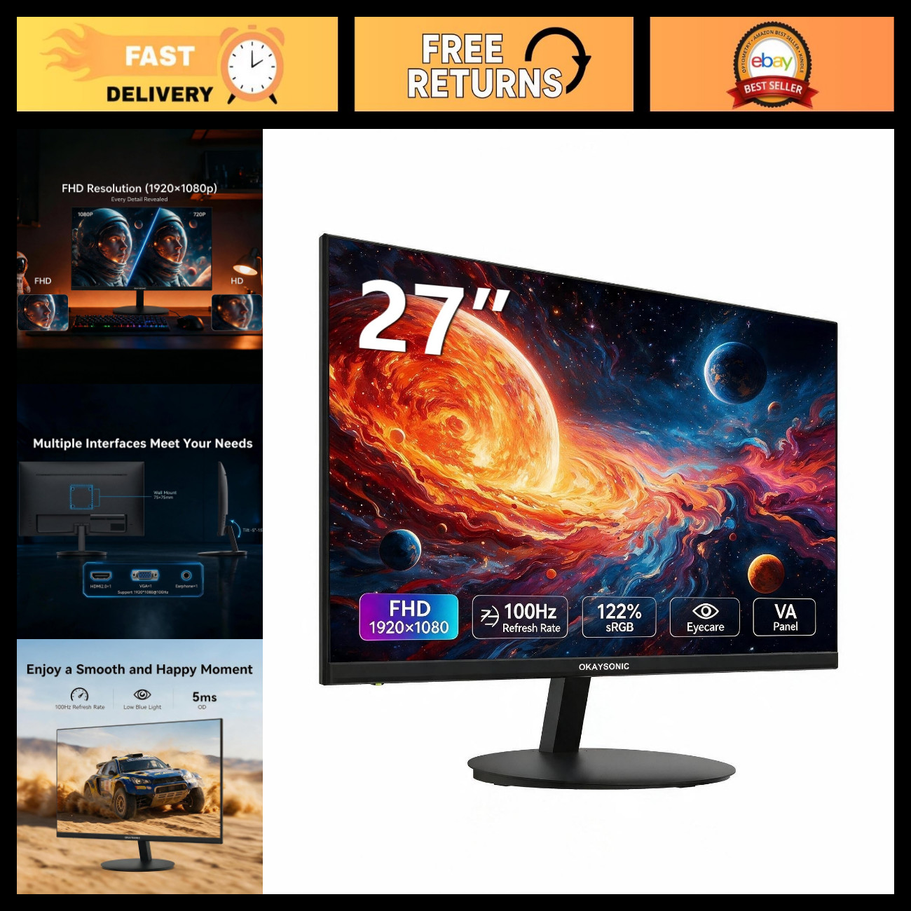 27" 100Hz FHD 1080P Gaming Monitor - Ultra Slim, Fast Response, Eye Care Display