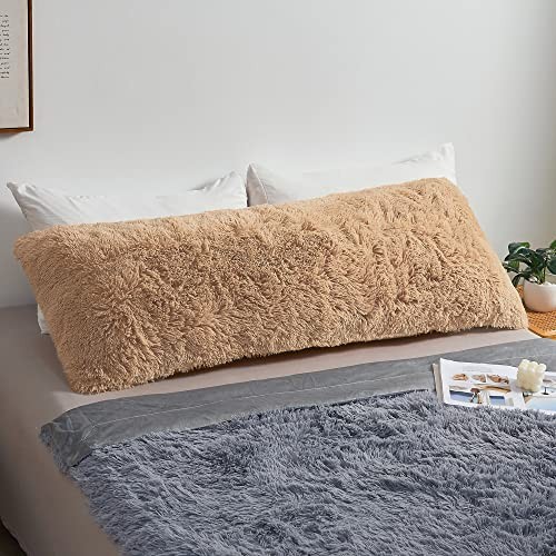  Shaggy Plush Body Pillow Cover Faux Fur Fluffy 54" x 20" (Pack of 1) Camel