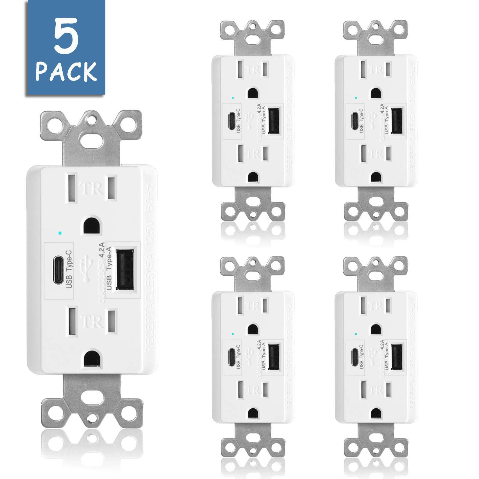 4.2A High Speed USB TypeC/A Receptacle 15A Tamper Resistant Outlet Charger White
